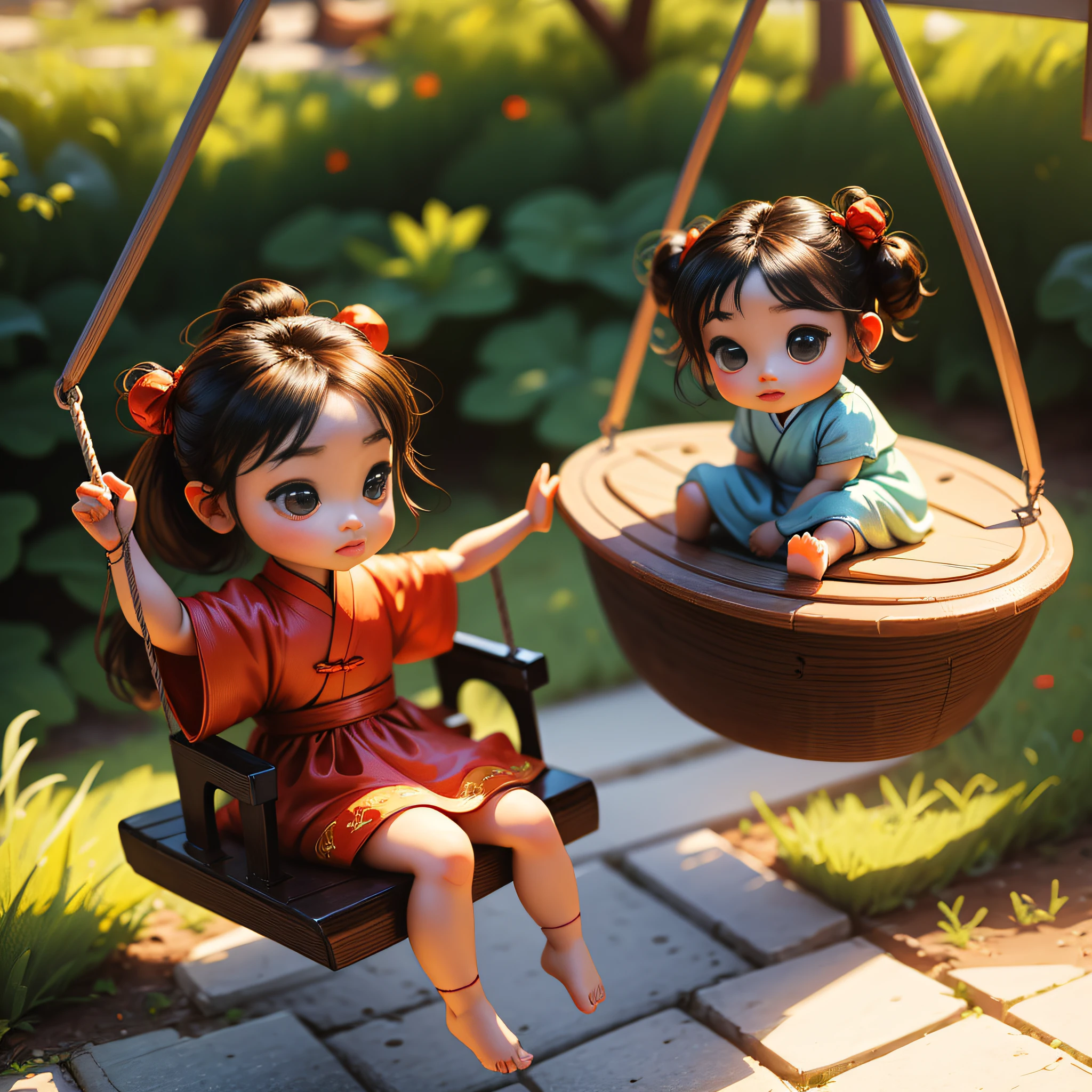 A work of art a baby character ((chibi)) Chinese female with tied hair, realistic 3D style wearing very beautiful dress she is sitting on a swing