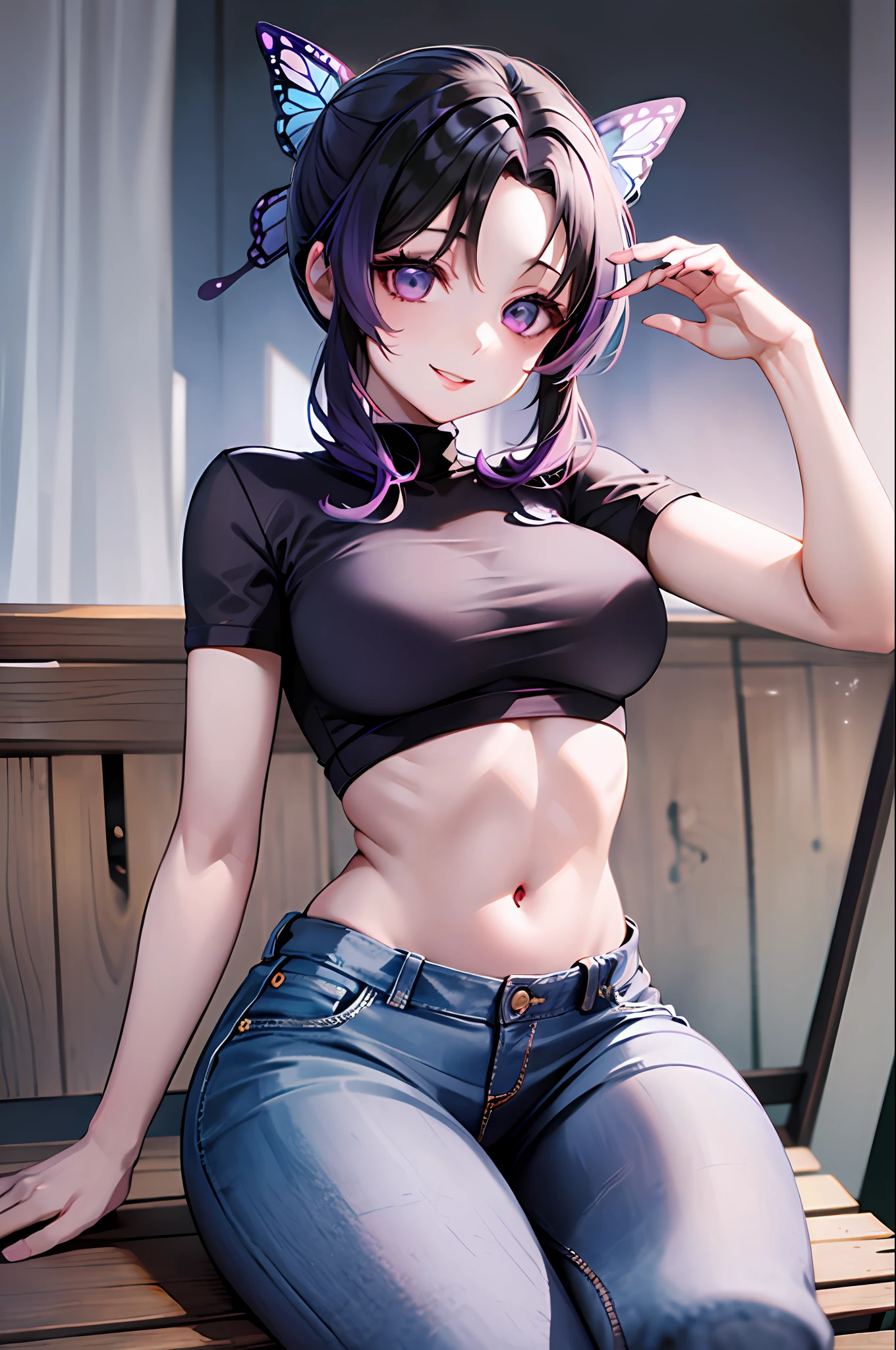 Masterpiece, Best Quality, hight resolution, 1girl, 独奏, Kochou Shinobu, Decorating your hair with a butterfly, violet eyes, multi-colored hair, Short hair, Parted bangs, Jeans, crop-top, turtleneck top, bellybutton, sitting, bench, exteriors, Smile, Erotica