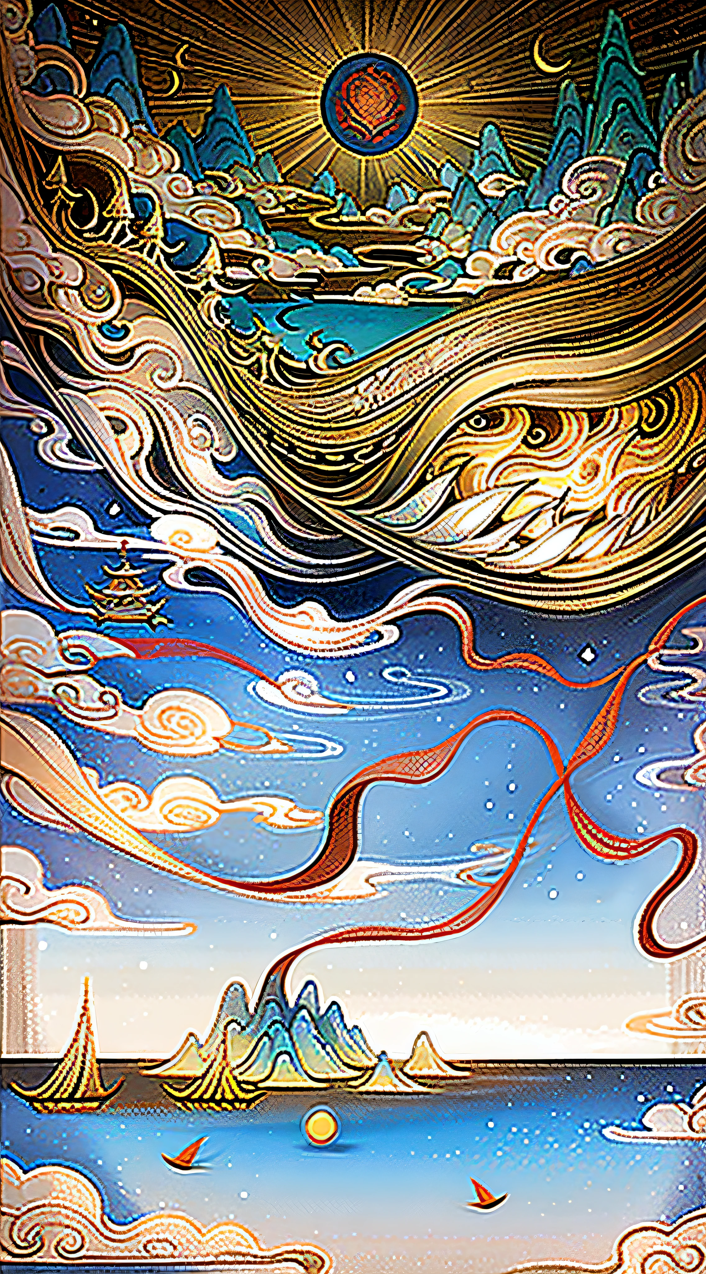 An ancient Chinese painting，，mountain ranges，the sea，Auspicious clouds，，rays of sunshine，（Psychedelic details），Sail ships，（rainbowing），（psychedelia），（DMT），（chinesedragon），intricately details，higher details，high detal，tmasterpiece，super detailing，Epic composition，hyper HD，high qulity，red tint，extremely detaile，offcial art，Unity8k wallpapers，super detailing，32k - v