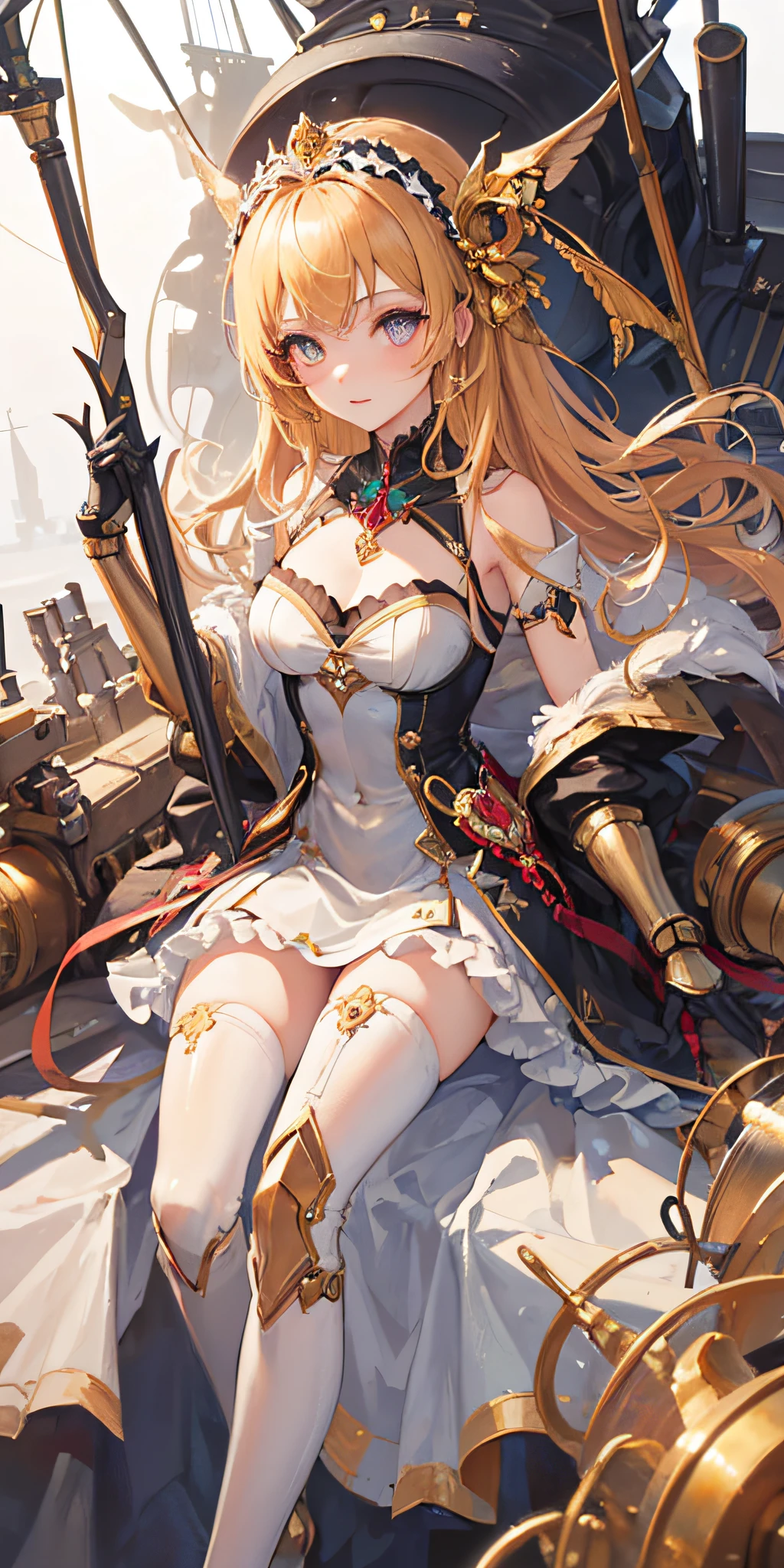 1girll, ((Masterpiece:1.4, Best quality)),((Masterpiece, Best quality)),Cute girl,, gold eyes,Mechanical skin, Mechanical ,Joints,Ship Maiden,Beautiful absolutely detailed dress,Colored,Exquisite headdress