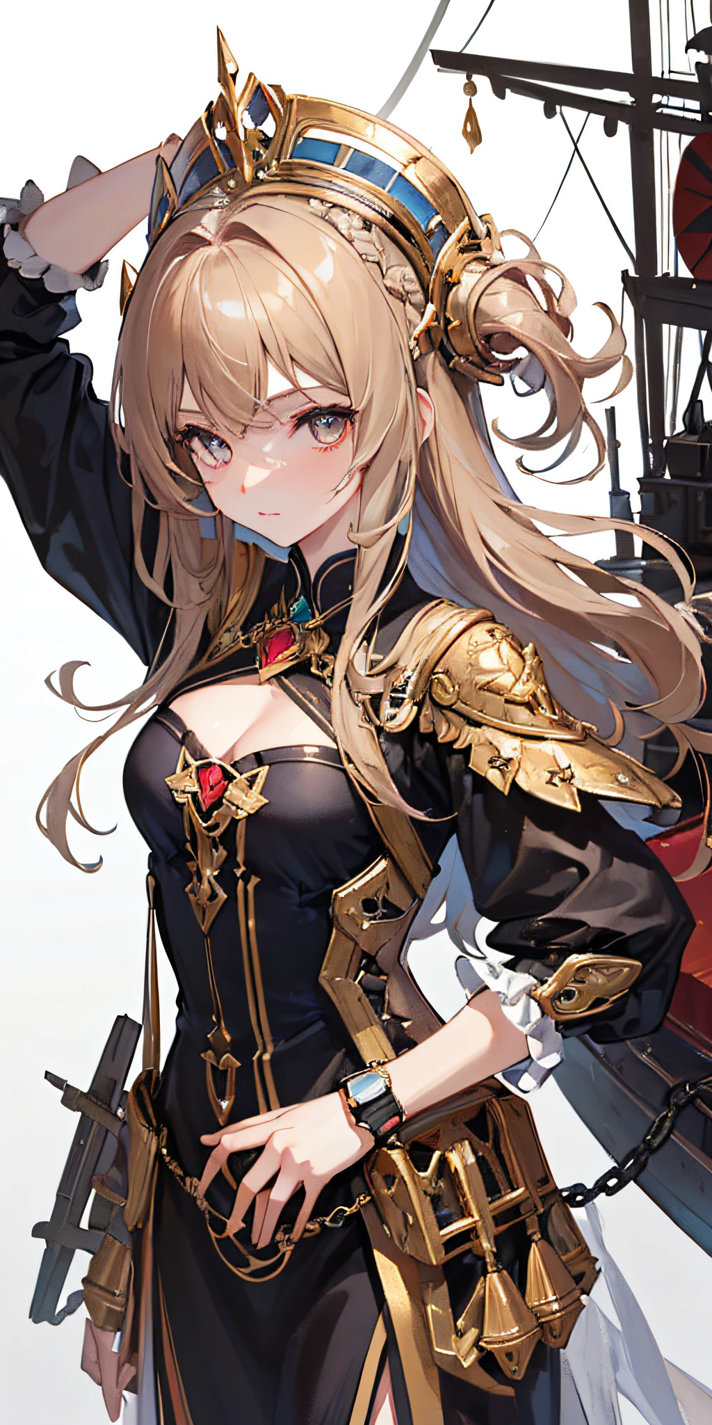 1girll, ((Masterpiece:1.4, Best quality)),((Masterpiece, Best quality)),Cute girl,Loli, gold eyes,Mechanical skin, Mechanical ,Joints,Ship Maiden,Beautiful absolutely detailed dress,Colored,Exquisite headdress