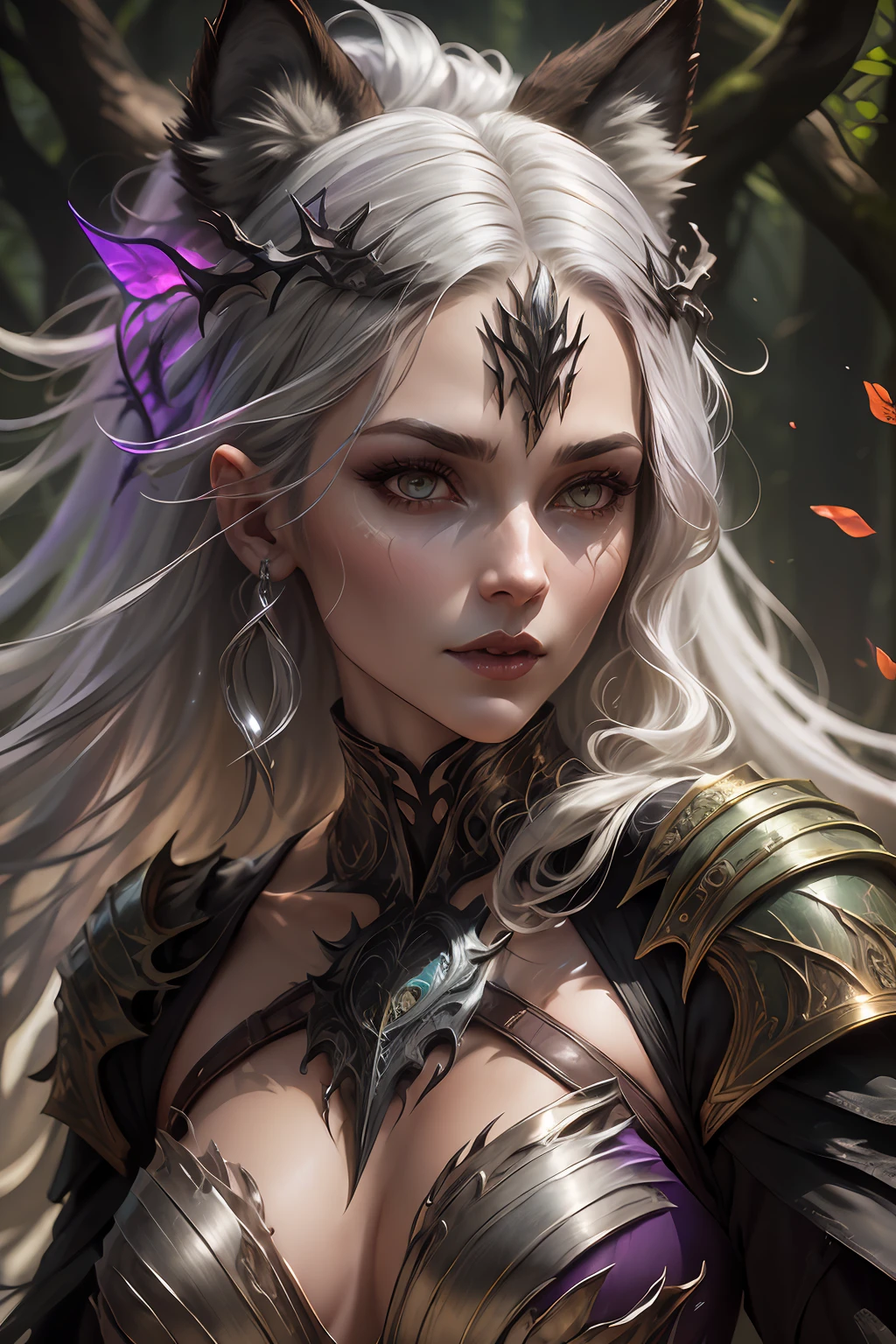 female body wolf, purple fur, long silver claws, arms outstretched, howl humain face, black skin, pink eyes, pink lips, prominent silver canine --auto --s2