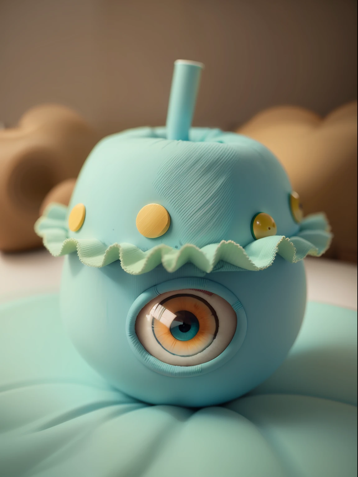 A creative insulated cup product, small monster shape, fluffy material, 2 big eyes on the cup, quilt shell is wrapped in fluffy material, high saturation color scheme, very cute!