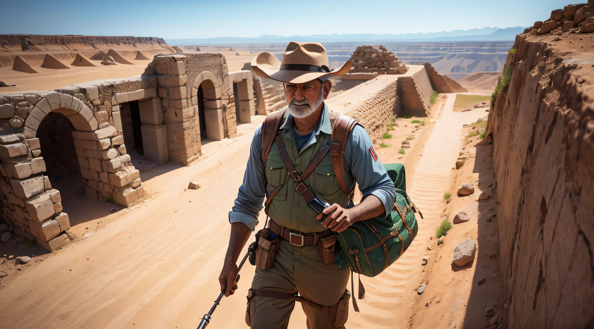 Geologist scientist with a newly discovered ancient artifact in his hands, at an archaeological site, showing his hands holding the artifact, high quality, hyper detail, --ar 16:9 --auto