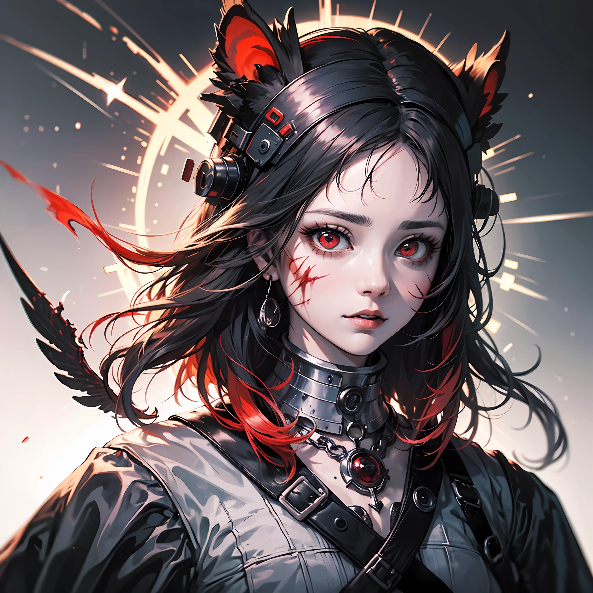 tmasterpiece,Close-up of a woman with blood red eyes,Red and black gradient hair,Confused pupils,style of junji ito,Morbid style,Shy,Stitch marks on the face,Black and white clothes,with red and black background,Highest image quality,fearsome,8K
