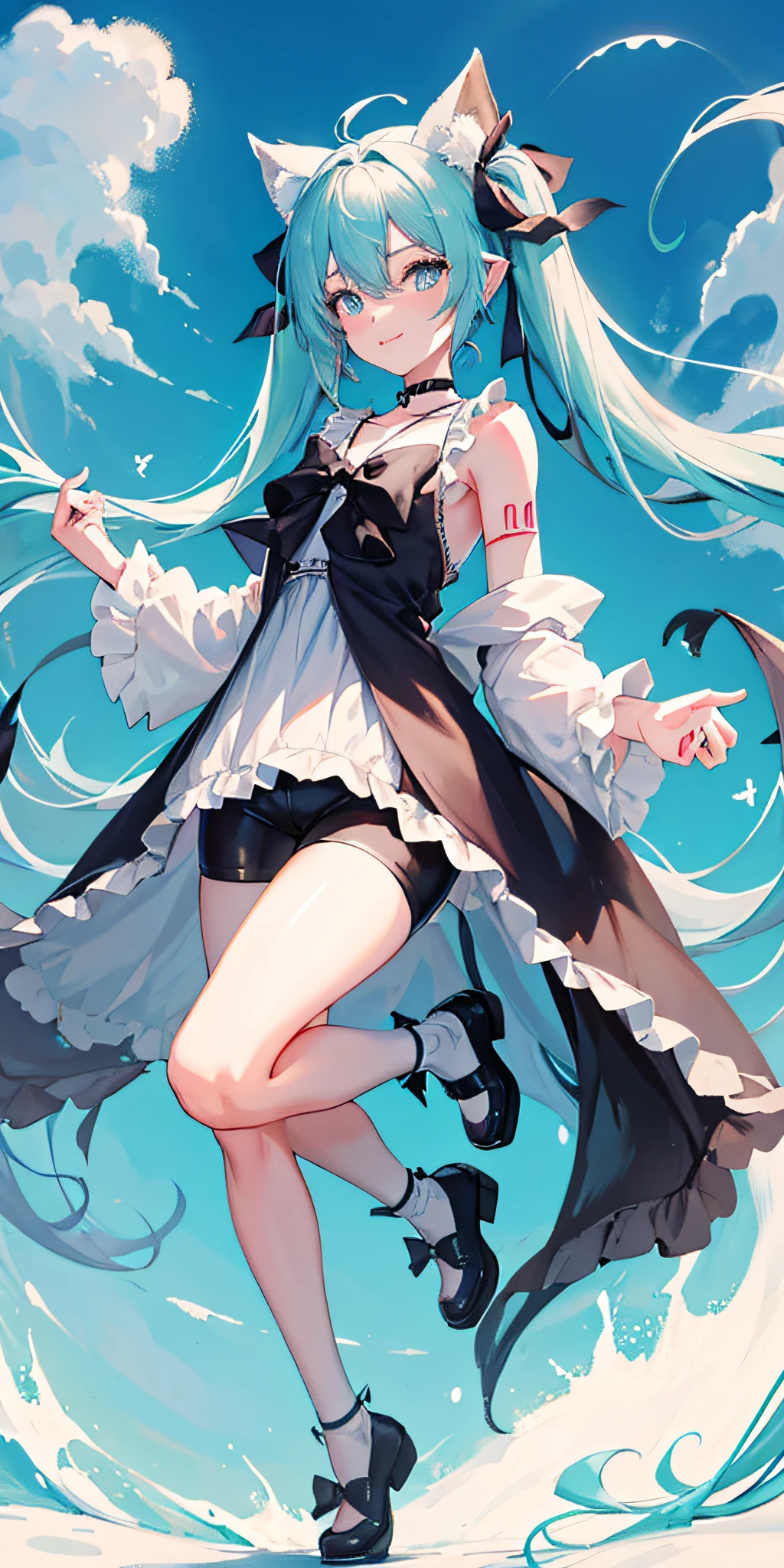demon tail,butterflys,coda,bug,1girl,long whitr hair,Beautiful dress,Wristbands,footwear,hatsune miku,The shirt,choker,Black legwear,aqua hair,bike shorts,solo,blue butterflies,double tails,Black choker,bangle,full bodyesbian,Black ribbon,Extra-long hair,Tail decoration,jewely,Black bow,hair between eye,ahoge,heavy snowy,耳Nipple Ring,snow mountains,Tail bow,standing on your feet,ssmile,delicate leg,鎖骨,cropped shoulders,is shy,ribbon,Long gray hair,aqua eyes,Gradient color,Delicate bow,White knee-length socks,looking at viewert。