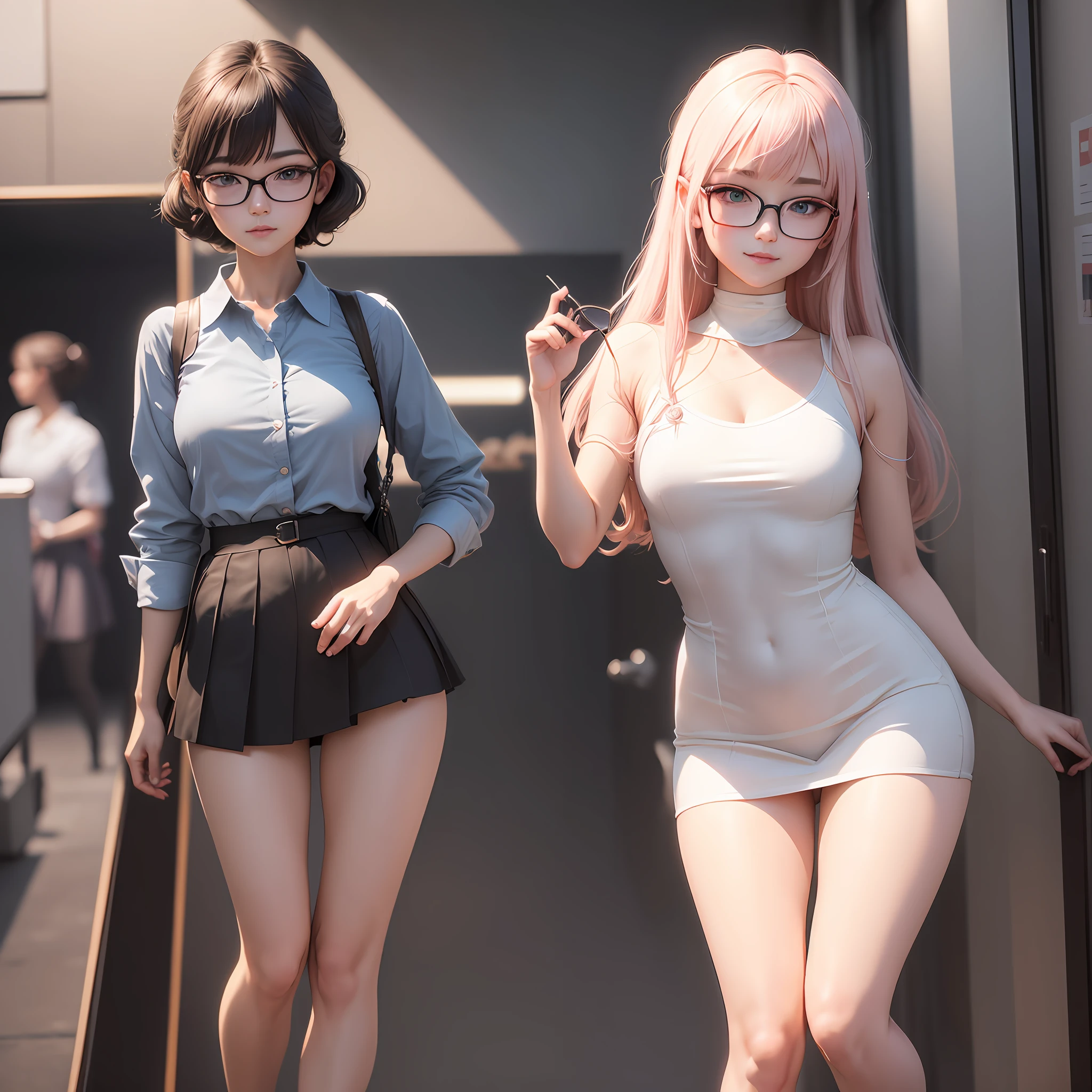 hair bobbles, wince, longeyelashes, solid circle eyes, light smile, ear blush, Full body photo of a high school girl, Slim figure, Small chest, Wear JK, White stockings, No shoes, largeeyes, wears glasses, Surrealism, drop shadow, anaglyph, stereogram, tachi-e, pov, atmospheric perspective, 8k, super detail, ccurate, best quality --auto