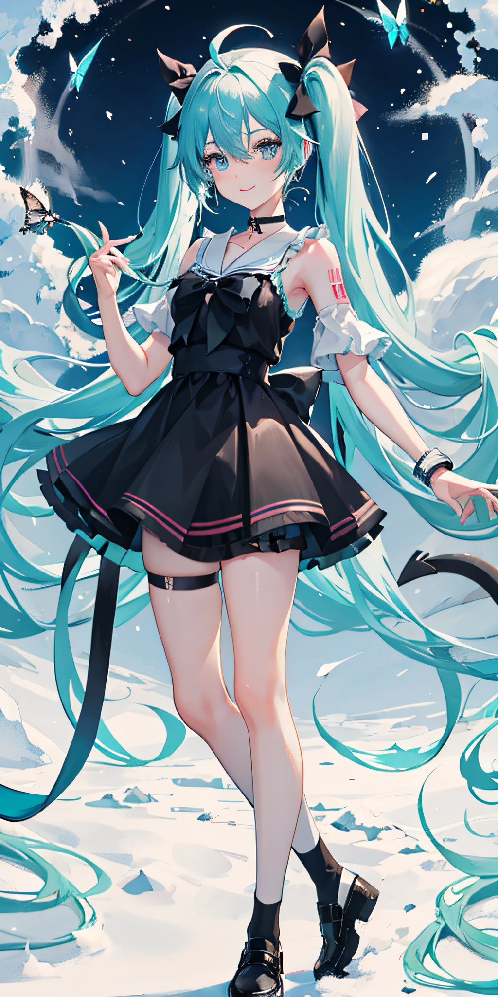 demon tail，butterflys，coda，bug，1girl，long whitr hair，Beautiful dress，Wristbands，footwear，hatsune miku，The shirt，choker，Black legwear，aqua hair，bike shorts，solo，blue butterflies，double tails，Black choker，bangle，full bodyesbian，Black ribbon，Extra-long hair，Tail decoration，jewely，Black bow，hair between eye，ahoge，heavy snowy，耳Nipple Ring，snow mountains，Tail bow，standing on your feet，ssmile，delicate leg，鎖骨，cropped shoulders，is shy，ribbon，Long gray hair，aqua eyes，Gradient color，Delicate bow，White knee-length socks，looking at viewert。