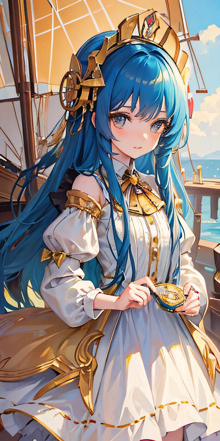 1girll, ((Masterpiece:1.4, Best quality)),((Masterpiece, Best quality)),Cute girl,Loli, Gold eyes,Mechanical skin, Mechanical ,Joints,Ship Maiden,Beautiful absolutely detailed dress,Colored,Exquisite headdress