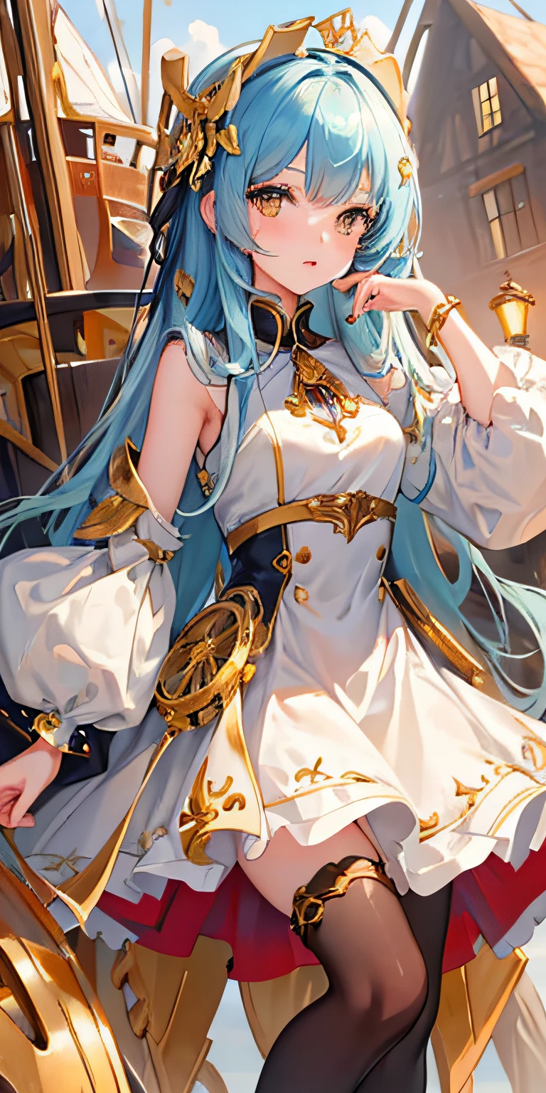1girll, ((Masterpiece:1.4, Best quality)),((Masterpiece, Best quality)),Cute girl,Loli, Gold eyes,Mechanical skin, Mechanical ,Joints,Ship Maiden,Beautiful absolutely detailed dress,Colored,Exquisite headdress