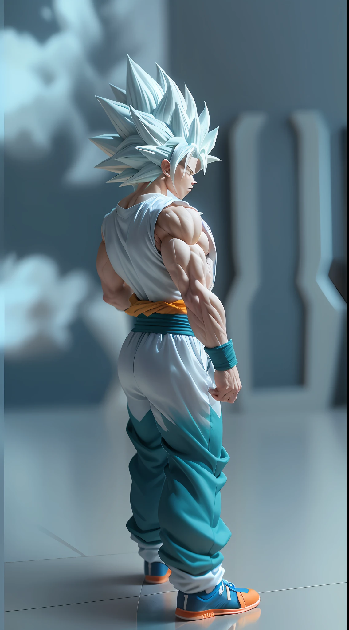 Goku, super saiyan, exquisite hair, arm depiction, white and blue hair body, exquisite shoes, eye depiction, exquisite hair, popmart blind box, clay texture, stepping on the land, black and white background, natural lighting, most good quality, super detail, 3D art, c4d, OC renderer, 3D rendering, 8k