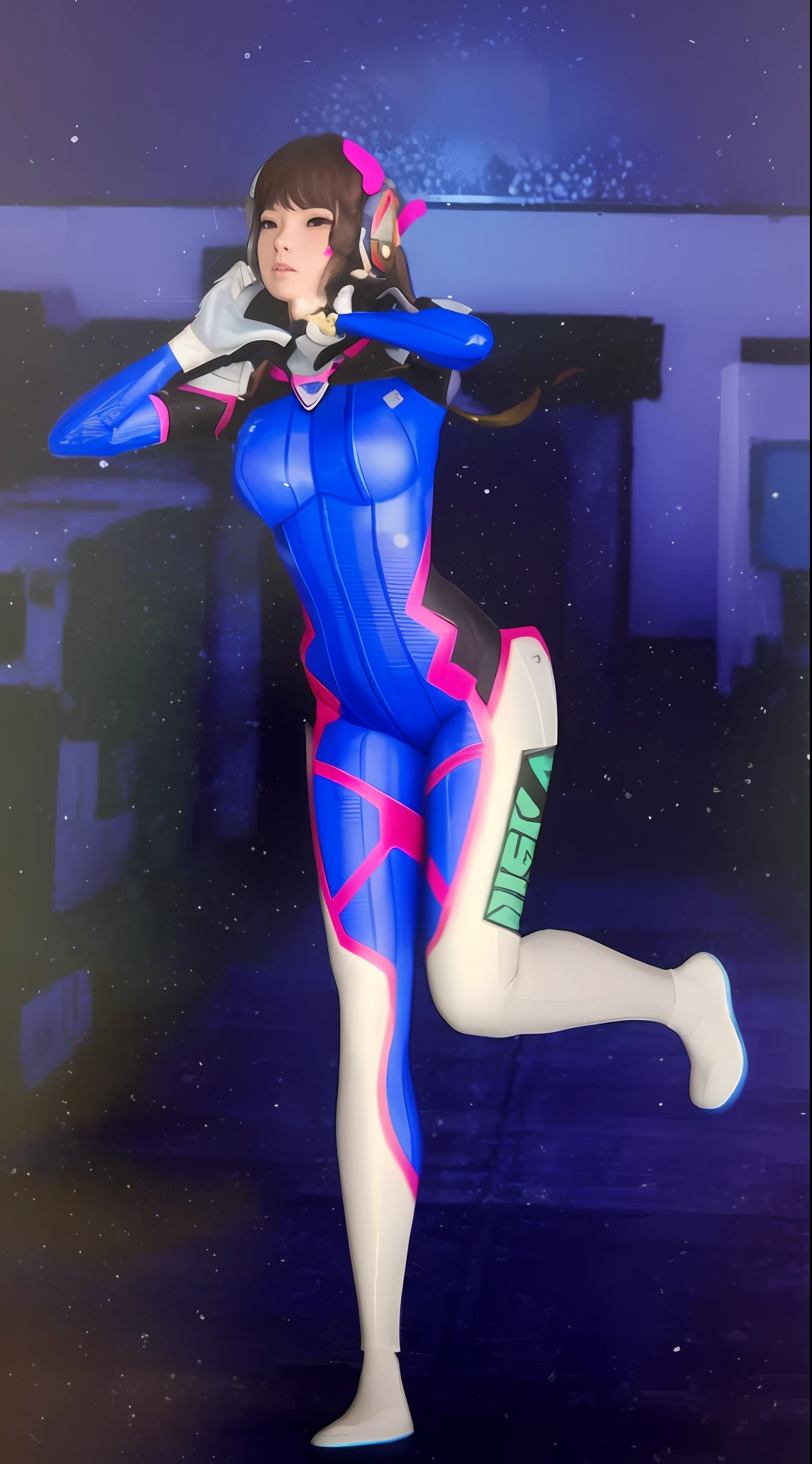 Floating in the air was a woman in a blue and pink suit, D. VA from Overwatch, tracer in a skintight dress, as an overwatch character, as an overwatch character, 《overwatch》Mei, from overwatch, hints of yayoi kasuma, heroic jumping pose, heroic action pose, inspired by Leng Mei, full body zenkai! asuka suit