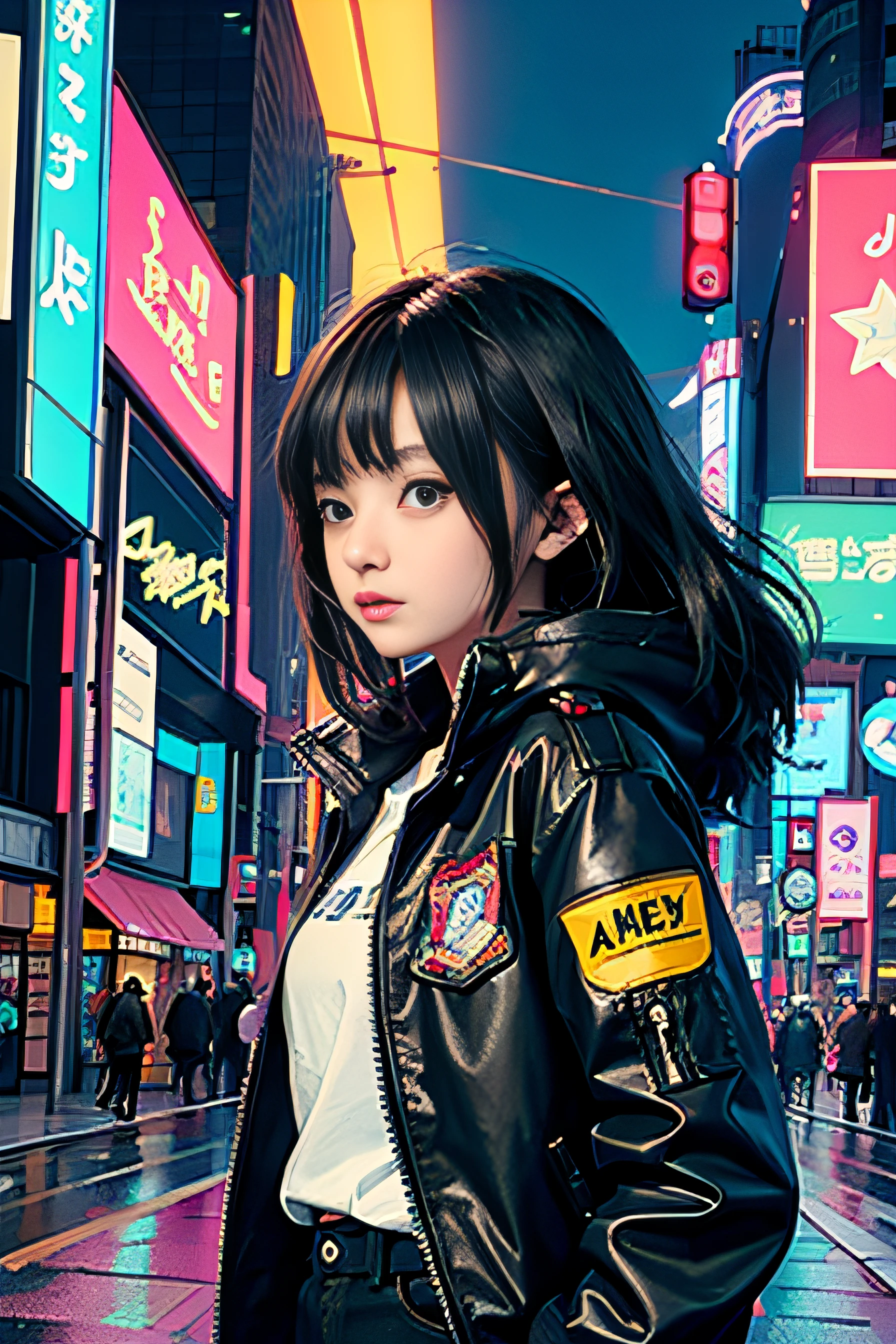 A girl in a black jacket stands in front of Neon City, anime visual of a cute girl, anime moe art style, style of anime4 K, Anime cyberpunk moderno, Anime style illustration, anime visual of a young woman, anime girl of the future, Official anime artwork, in the art style of 8 0 s anime, hanayamata, lofi-girl