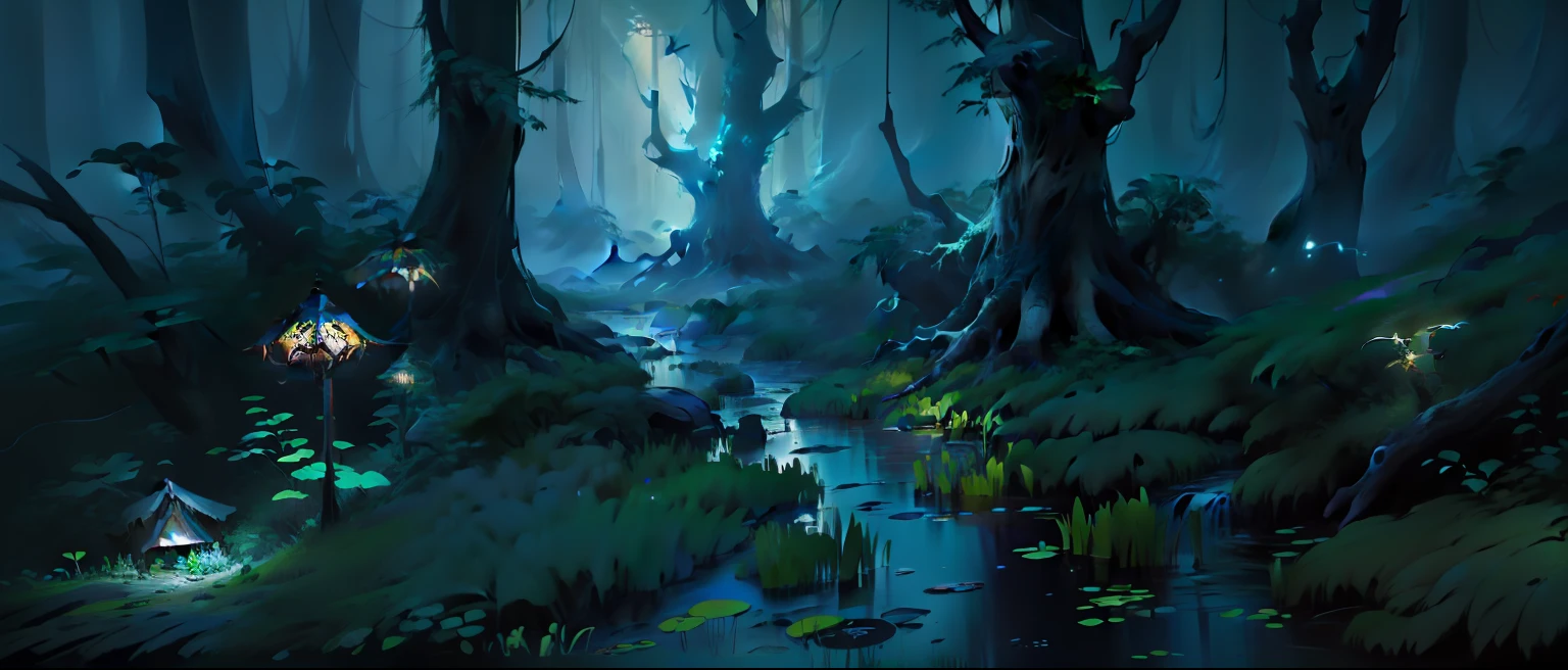 There is a painting of a swamp,A small stream runs through it, swampy atmosphere, swamp forest, dark swamp, background artwork, moonlit forest environment, fantasy forest environment, concept art of a dark forest, elf forest background, marshes, fantasy forest landscape, dark fantasy environment, a fantasy forest, a magical forest in the background, firefly forest at night, arte de fundo