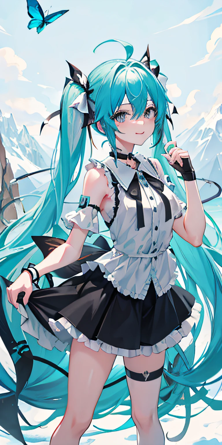 demon tail，butterflys，coda，bug，1girl，long whitr hair，Beautiful dress，Wristbands，footwear，hatsune miku，The shirt，choker，Black legwear，aqua hair，bike shorts，solo，blue butterflies，double tails，Black choker，bangle，full bodyesbian，Black ribbon，Extra-long hair，Tail decoration，jewely，Black bow，hair between eye，ahoge，heavy snowy，耳Nipple Ring，snow mountains，Tail bow，standing on your feet，ssmile，delicate leg，鎖骨，cropped shoulders，is shy，ribbon，Long gray hair，aqua eyes，Gradient color，Delicate bow，White knee-length socks，looking at viewert。