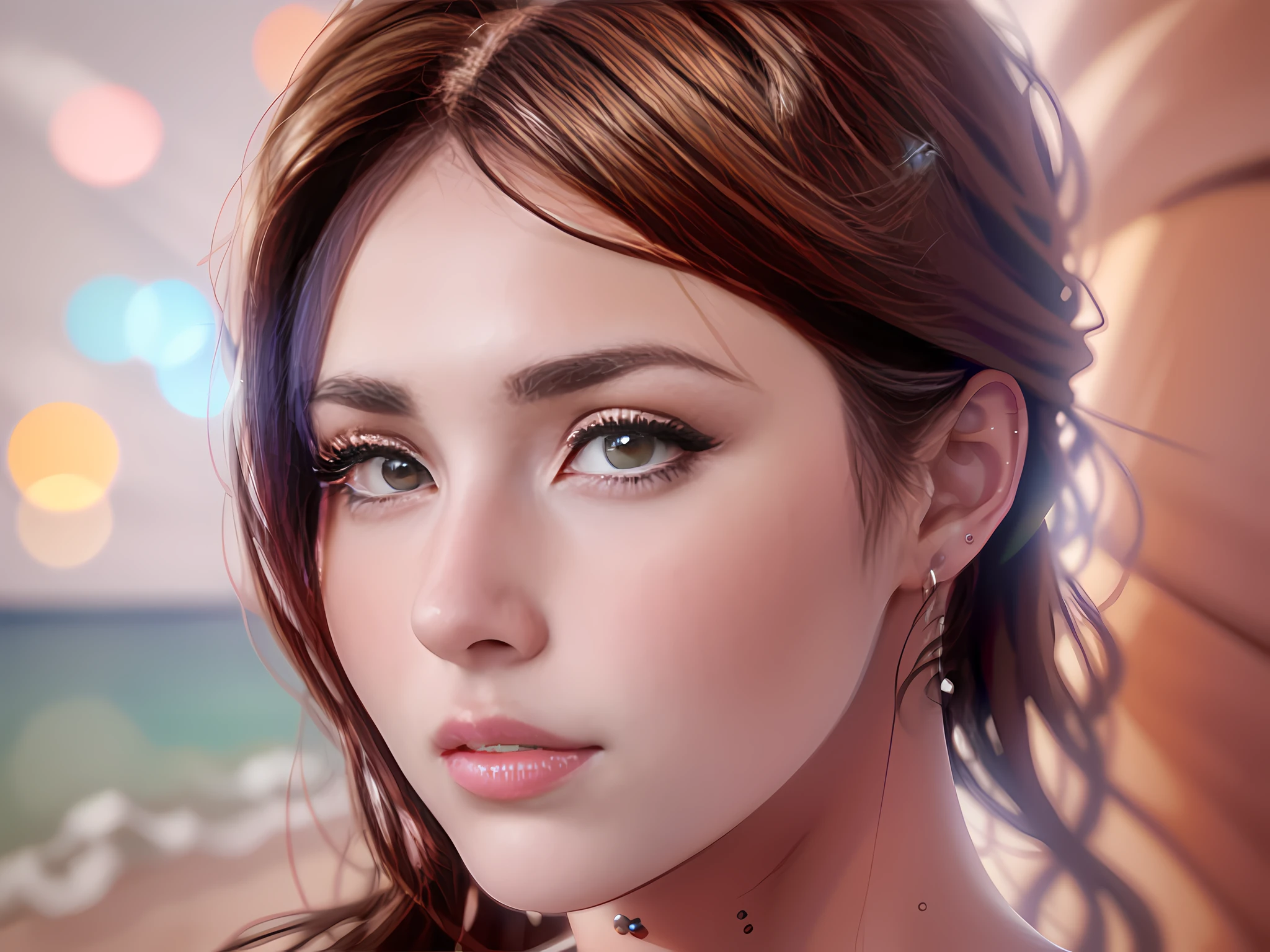 young woman, 25 anos, Features of the German and Norwegian face, brown hair, olhos azuis, maquiagem usando sombra verde e blush vermelho em suas bochechas. High Definition Photography, professional camera, Cinematic lighting, detalhes precisos, 8k