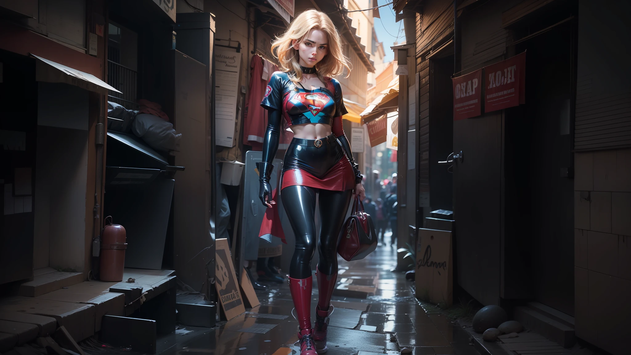 Mulher jovem, bonita, athletic, sexy, cabelos loiros, coxas grossas, middlebreasts, cintura estreita, usando top de latex preto com S de supergirl no peito, top de mangas longas, saia de latex preta, saia curta e justa, roupas curtas, pernas bonitas, ankle boota de salto alto, abdome definido, abdome exposto, magra, elegante ambiente urbano, luz do dia, imagem sem cortes, Image without transitions