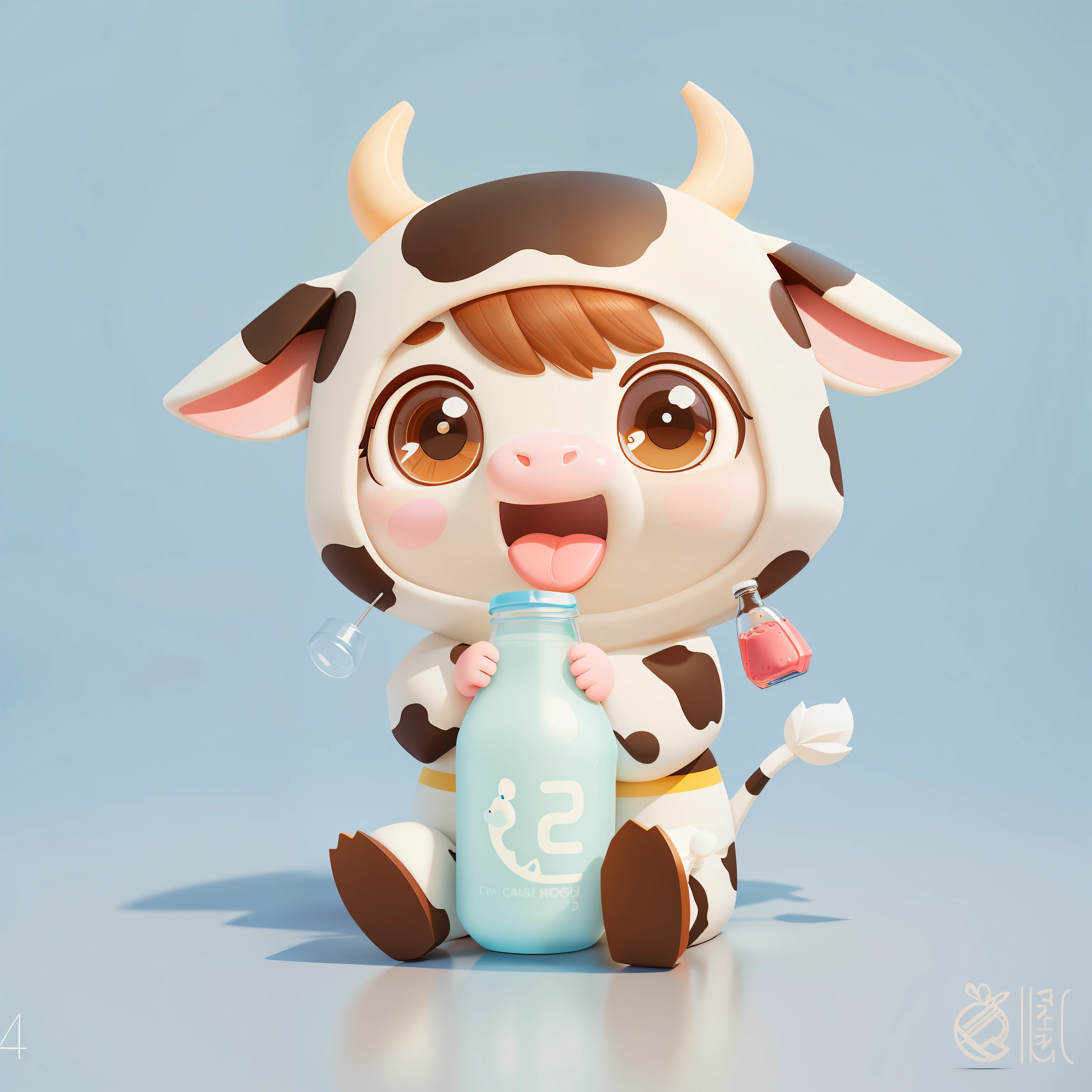 Cartoon cow with a bottle of milk, cute 3 d render, lovely digital painting, C4D,Cute cartoon character