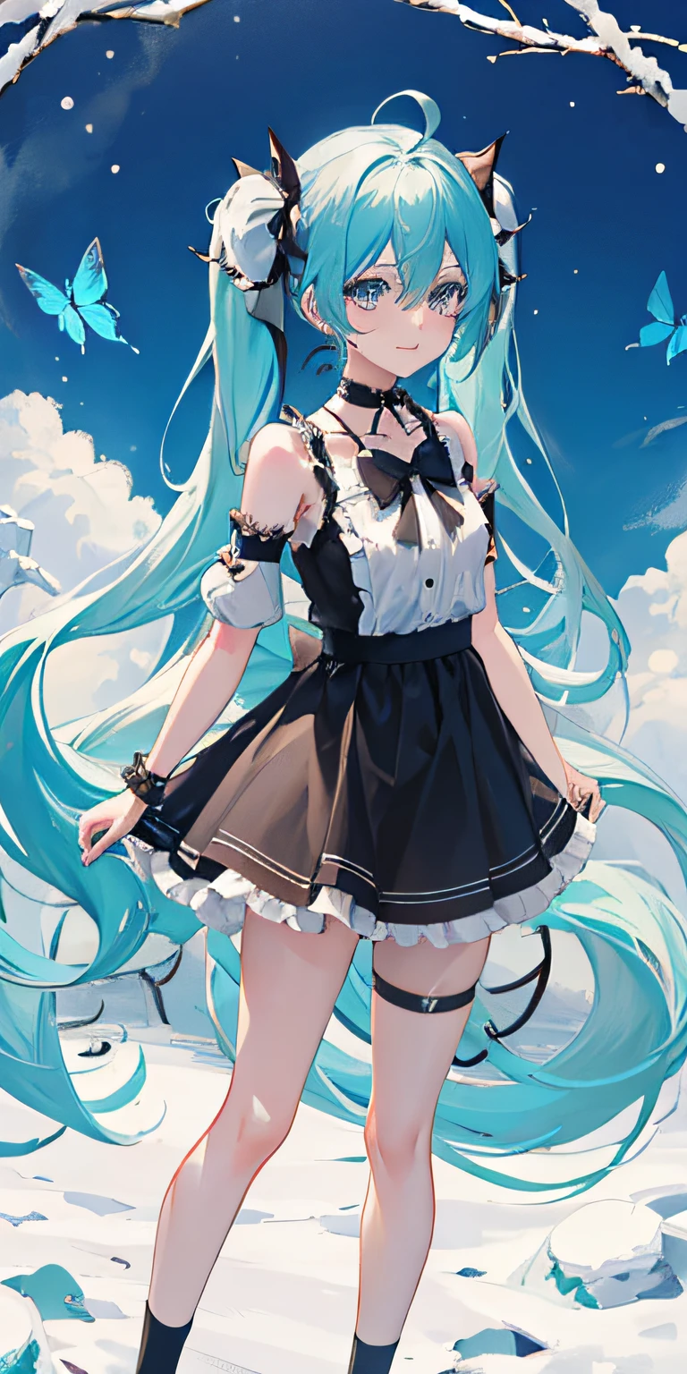 demon tail，butterflys，coda，bug，1girl，long whitr hair，Beautiful dress，Wristbands，footwear，hatsune miku，The shirt，choker，Black legwear，aqua hair，bike shorts，solo，blue butterflies，double tails，Black choker，bangle，full bodyesbian，Black ribbon，Extra-long hair，Tail decoration，jewely，Black bow，hair between eye，ahoge，heavy snowy，耳Nipple Ring，snow mountains，Tail bow，standing on your feet，ssmile，delicate leg，鎖骨，cropped shoulders，is shy，ribbon，Long gray hair，aqua eyes，Gradient color，Delicate bow，White knee-length socks，looking at viewert。