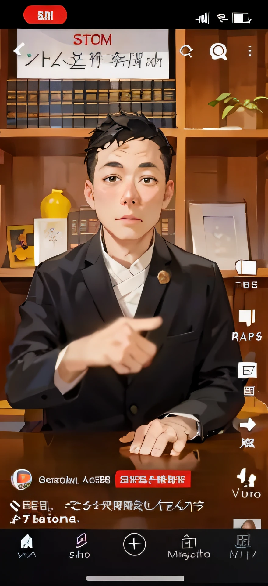 Alafed man in suit sitting at table with video camera, youtube video screenshot, Chiba Yuda, low quality video, eichiro oda, YouTube, youtuber, youtube thumbnail, Middle Metaverse, satoshi, with index finger, yukio - e, lawyer, lin hsiang