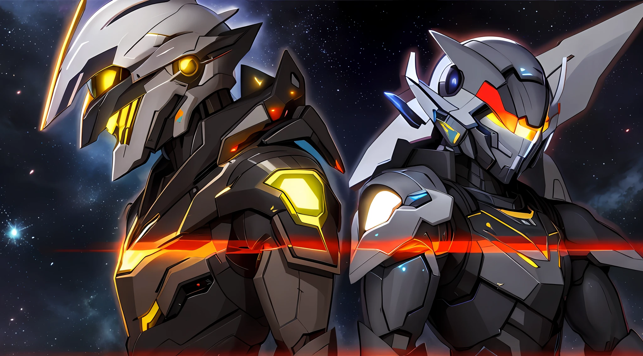 There are two men wearing mechs,zerochan art, Detailed digital anime art, inspired by Krenz Cushart,Starry sky space background,multiple exposure,Dark-tone mech,glowing light,blasts,Eschatological,