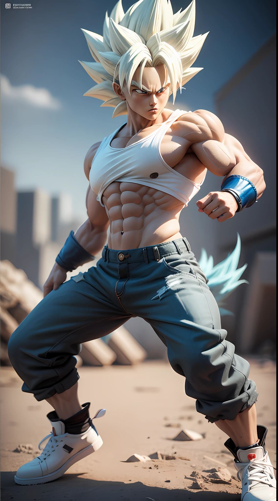 Goku, super saiyan, exquisite hair, arm depiction, white and blue hair body, exquisite shoes, eye depiction, exquisite hair, popmart blind box, clay texture, stepping on the land, black and white background, natural lighting, most good quality, super detail, 3D art, c4d, OC renderer, 3D rendering, 8k