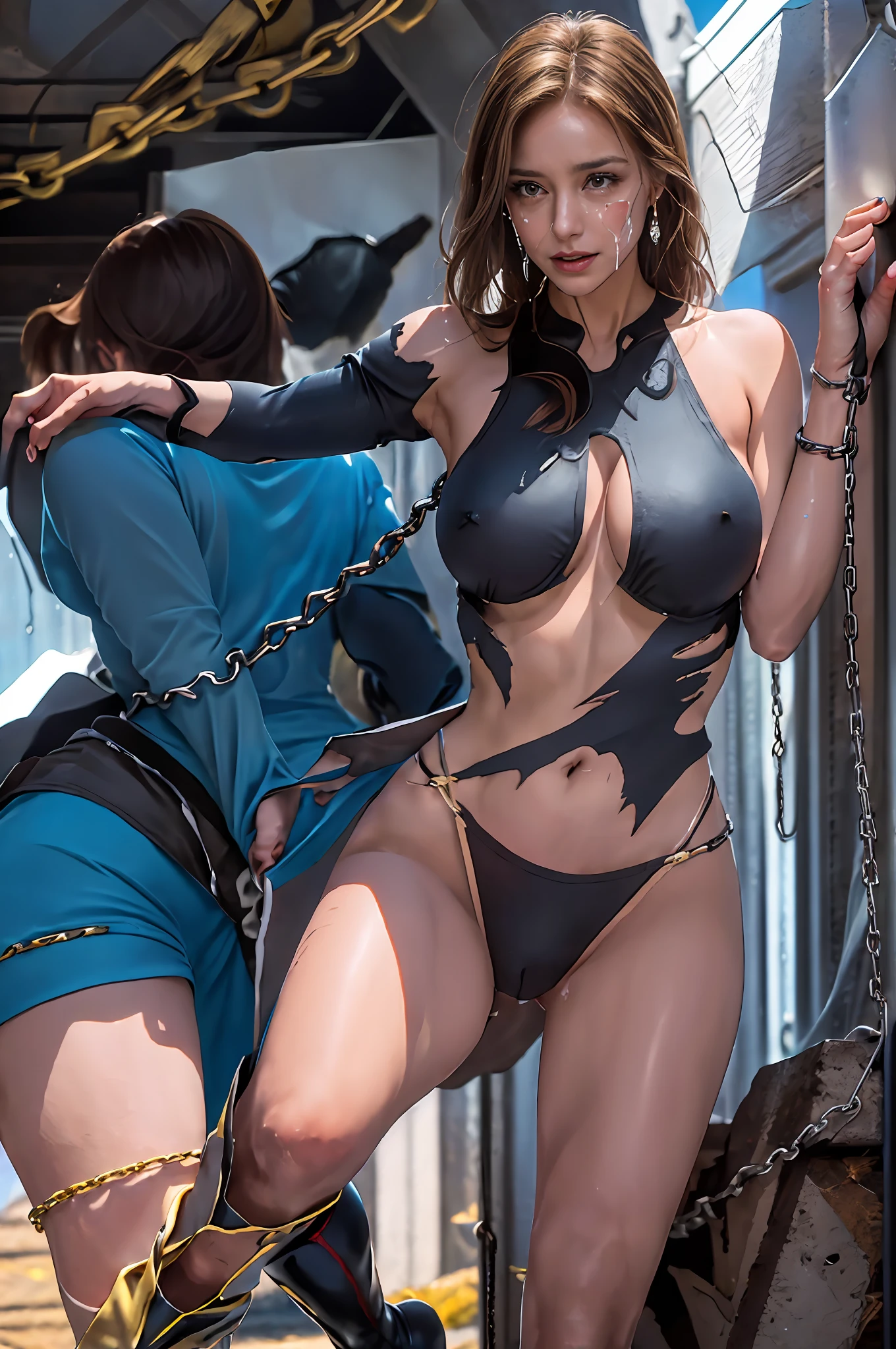 - [ ] photo,Sharpness,unique 850 4, Koda850 k portrait camera, F1.6 lens,ultra-realistic textures,spectacular light textures, Cinestil 800 fashion mechanics, Beautiful girl with accentuated slender abs: 1.4,Six Pack Abs: 1.4, Bust Botox,standing on tiptoe,((wearing a torn sheer costume of a superheroine)),(no panties, no bra)),wet crotch,wet thighs,(futuristic sci-fi battle fashion,elbow and knee cyberpad, cyber long boots, cyberglove: 1.1), (tied perfectly by chain), restraint, slave, collars, contempt, (((tears flow, cry with pain)), sweating, (( wide prison with sunlight)), dark fantasy, peeling of the ceiling, broken slabs, rebar between cracks, realistic material details, extreme details, ultra-realistic materials, broken walls, ( (torn costume)), wet, (chained), ((big emphasized by chains)), ((chains digging into the crotch)), hands tied behind the back, invisible hands, shredded costumes, broken golden shields and battle spears,long combat boots with golden knee pads, golden shoulder armor and combat gloves, junkyard, blood splattered on the face, blood splattered, realistic, (bruises, dirty, ripped clothes, skimpy clothes, blood: 1.3), brown hair, long hair, torn cloak, Torn pantyhose, long legs, ((iron pipe into the crotch)), metallic shackles and fetters, ((4 chains hung from heaven)), wet crotch clearly visible, sword and shield made of Swarovski at the feet, anatomical, (futuristic sci-fi battle fashion, cracked elbow and knee cyberpads, torn cyberlong boots, torn cybergloves: 1.1), (((both wrists restrained above the head)),((a girl straddling the iron bar)), ((left leg is suspended at the knee)),chained shackles and fetters, restraints, slaves, collars, contempt, ((tears, crying in pain)), (vast prison with sunlight), dark fantasy, peeling ceilings, broken slabs, Rebar between cracks, realistic material details, extreme details, ultra-realistic material, broken wall, (((Torn costume))),((the tip is protruding, the areola protrudes, the shape of the pub