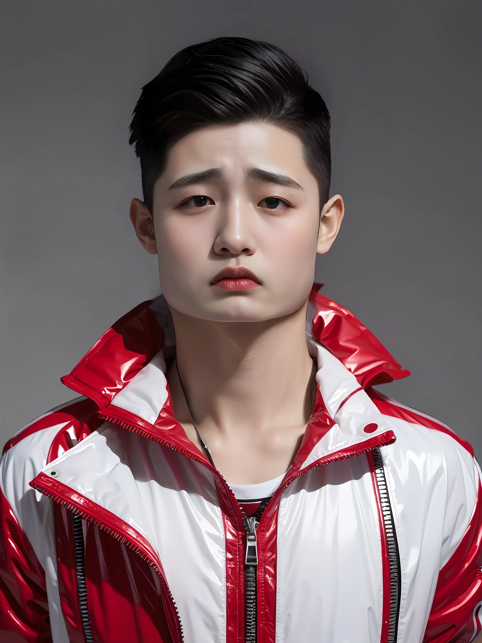 A Chinese male high school student,Wear PVC colored casual clothes,There are zippers