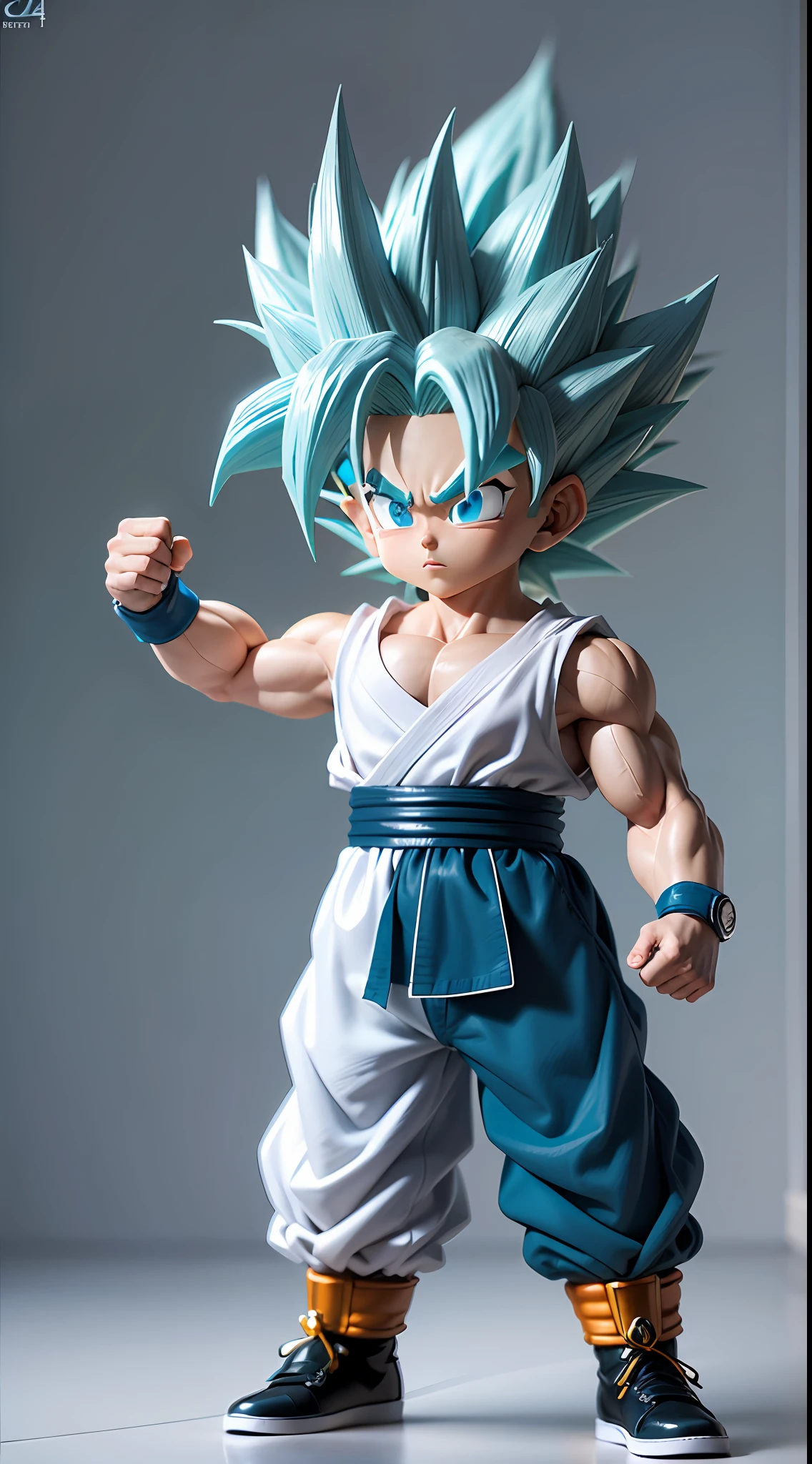 Goku, super saiyan, exquisite hair, arm depiction, white and blue hair body, exquisite shoes, eye depiction, exquisite hair, popmart blind box, clay texture, stepping on the land, black and white background, natural lighting, most good quality, super detail, 3D art, c4d, OC renderer, 3D rendering, 8k
