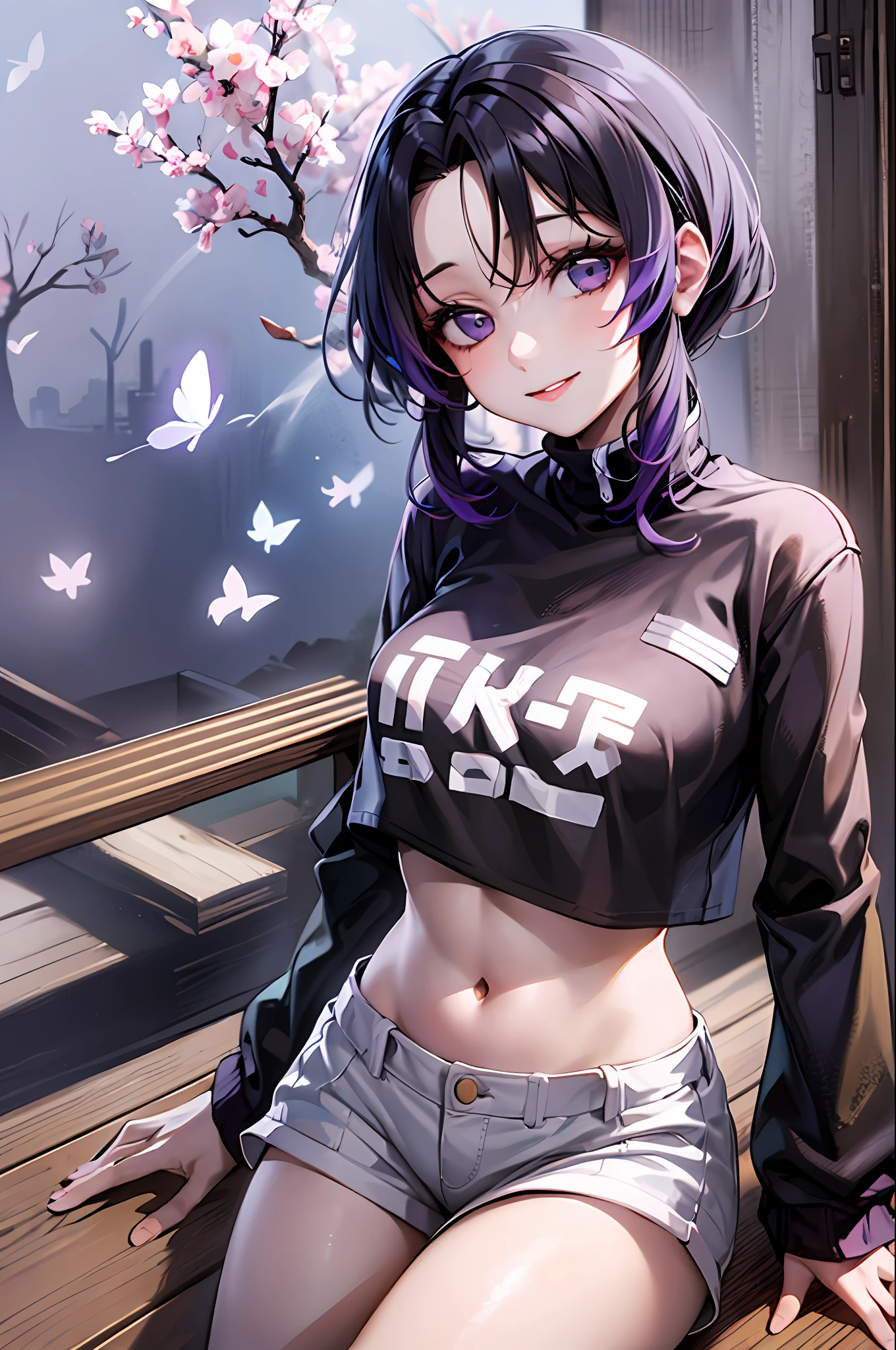 Masterpiece, Best Quality, hight resolution, 1girl, 独奏, Kochou Shinobu, Decorate your hair with a butterfly, violet eyes, multi-colored hair, Short hair, Parted bangs, Short shorts, spreading legs, crop-top, turtleneck top, bellybutton, sitting, bench, exteriors, Smile, Erotica