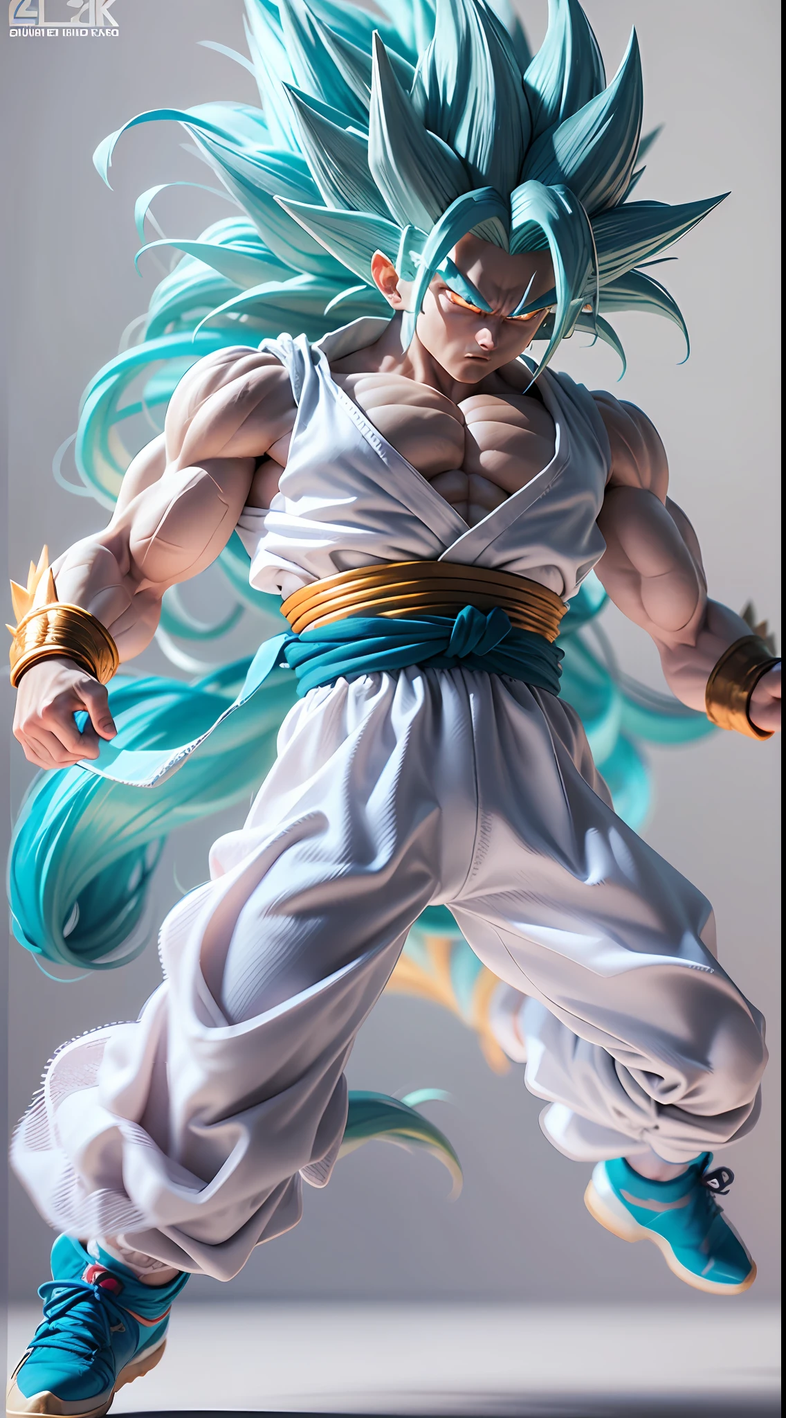 Goku, super saiyan, exquisite hair, arm depiction, white and blue hair body, exquisite shoes, eye depiction, exquisite hair, popmart blind box, clay texture, stepping on the land, black and white background, natural lighting, most good quality, super detail, 3D art, c4d, OC renderer, 3D rendering, 8k