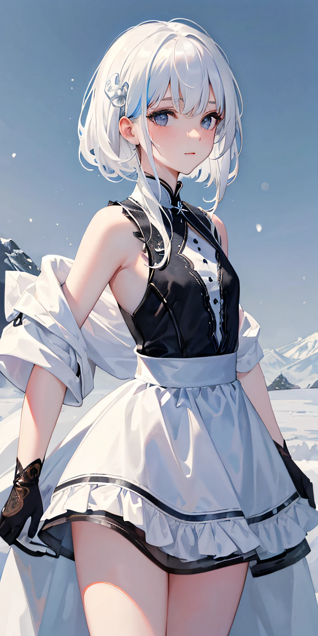 Masterpiece, White hair, aquarelle, (Lady), Medium hair, Good shape, tmasterpiece, Best quality, Detailed clothes, (Beautiful absolutely detailed dress, a pregirl), 1girll, Detailed face, 8K wallpaper, An extremely meticulous and beautiful girl, 美丽细致的眼睛, Same eyes, extremely detailed figure, Wash bedding with colored ink, (Color splattering), (Colorful), (snowy mountain background), flower, hair between eye, State, Cowboy shot, Beautiful dress, Black eyes, (Snow background:1.2), Small breasts, Beautiful dress, Flat chest