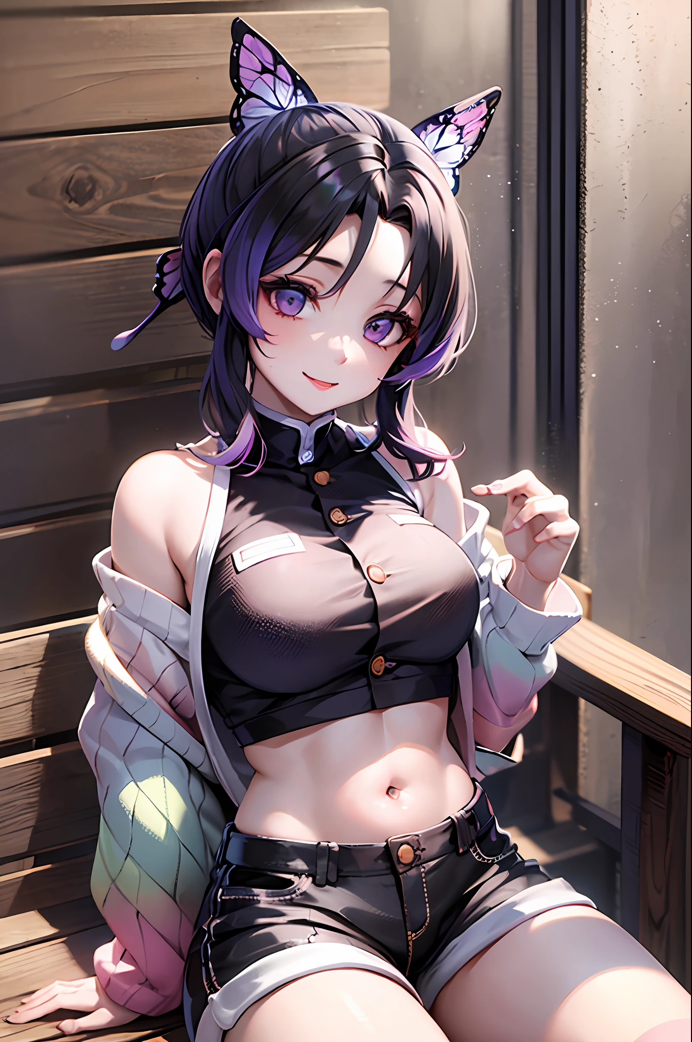 Masterpiece, Best Quality, hight resolution, 1girl, 独奏, Kochou Shinobu, Decorate your hair with a butterfly, violet eyes, multi-colored hair, Short hair, Parted bangs, Short shorts, spreading legs, crop-top, turtleneck top, bellybutton, sitting, bench, exteriors, Smile, Erotica