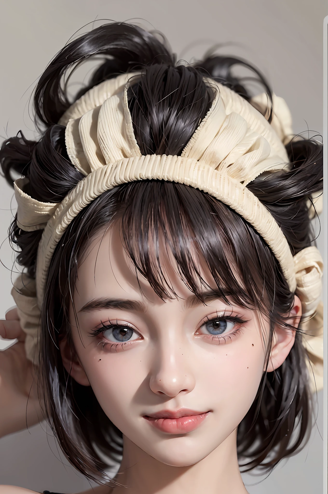 SeaArt Bot Variations 13:44:05 ((Masterpiece, Best Quality, High Definition)), 1 Girl, (Photorealistic: 1.4), Solo, White Background, Pure White Background, Mouth Closed, Happy Smile, Happy Smile, Pretty Black Hair, Short Hair, Big Eyes, Clear Double Eyelids, Eyelashes, Ears Out, Long Neck, Absolute Area, Skirt, ((Face Close-Up) ), (draw all head, shoulders), 19 years old, attractive proportions, shiny skin, clean collarbone, face in golden proportions, perfect face, tearful mole, mole on chest, bangs, clean bangs, lip gloss, thin lips, white skin, naked, big breasts