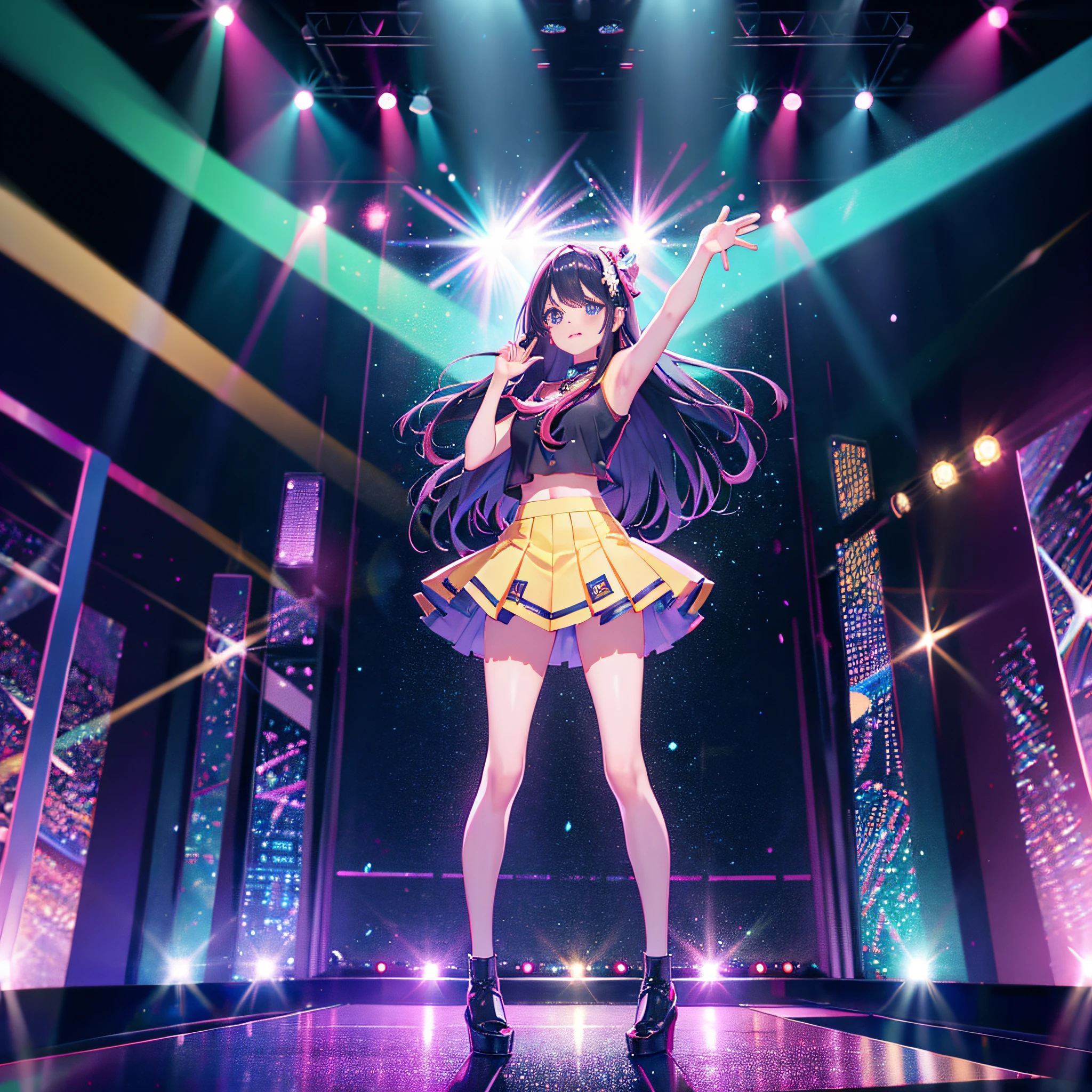 Standing on stage　Long hair fluttering with hands raised high　Mini Skirt Glitter Spotlight　concert
