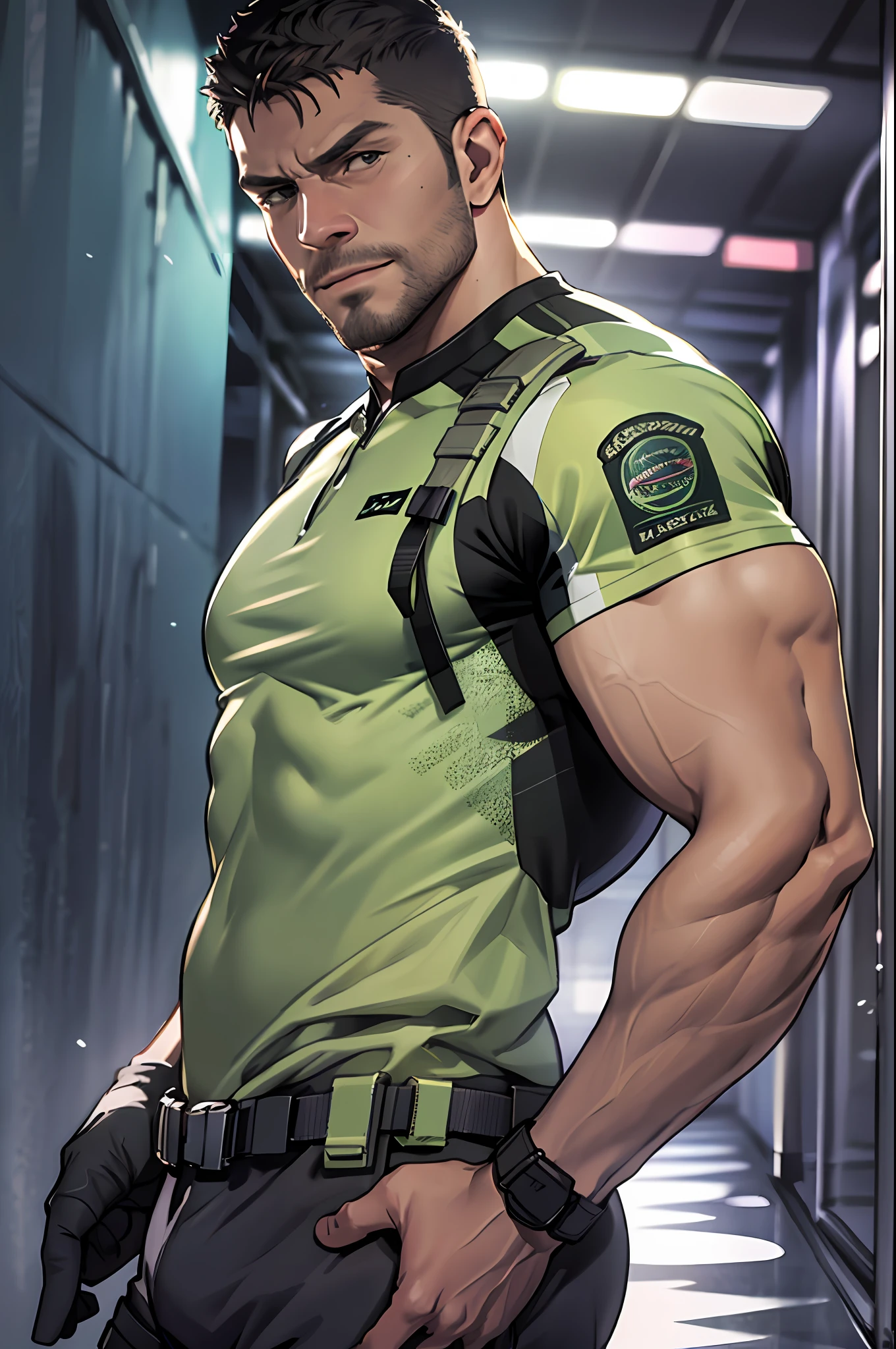 1 man, Solo, 35 year old, chris redfield, wearing green T shirt, a smirk, white color on the shoulders,、BSAA logo on shoulder, millitary tactical suit, tall and hunk, Biceps, Abs, Chest, Best Quality, masutepiece, High resolution:1.2, dark black gloomy hallway in the background, Detailed face, Shadow, Volumetric lighting, center focused, Low camera angle