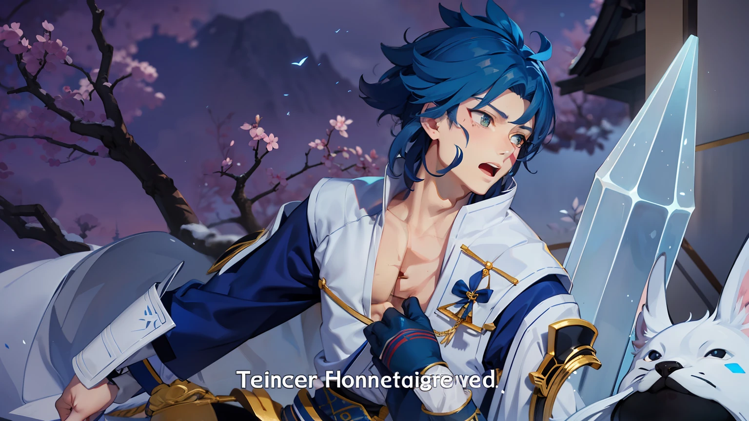 Naotora is tall, muscular guy, with short pointed blue hair,,、 Like the ears of a beast And golden eyes. He has a scar on his left cheek. He wears what looks like a white cloak and light blue traditional samurai armor.