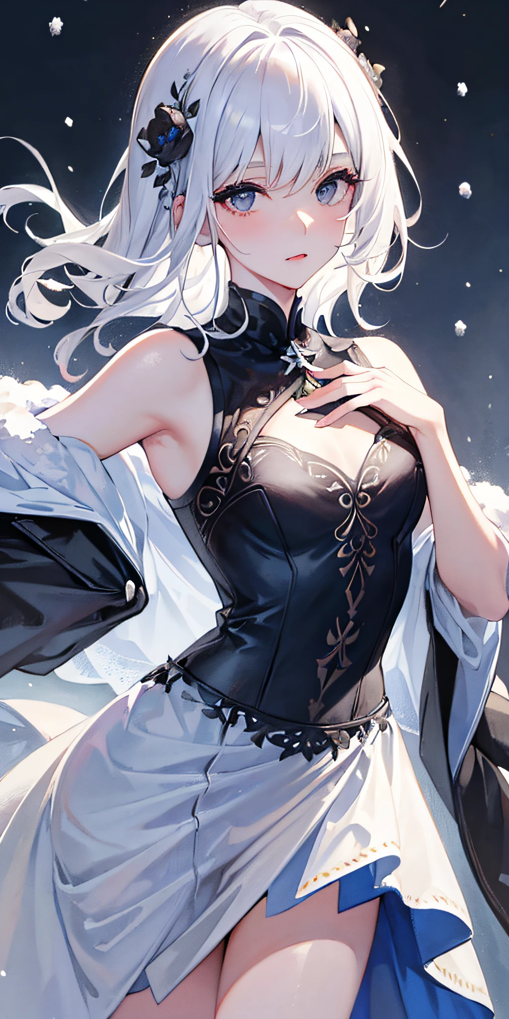 Masterpiece, White hair, aquarelle, (Lady), Medium hair, Good shape, tmasterpiece, Best quality, Detailed clothes, (Beautiful absolutely detailed dress, a pregirl), 1girll, Detailed face, 8K wallpaper, An extremely meticulous and beautiful girl, 美丽细致的眼睛, Same eyes, extremely detailed figure, Wash bedding with colored ink, (Color splattering), (Colorful), (snowy mountain background), flower, hair between eye, State, Cowboy shot, Beautiful dress, Black eyes, (Snow background:1.2), Small breasts, Beautiful dress, Flat chest