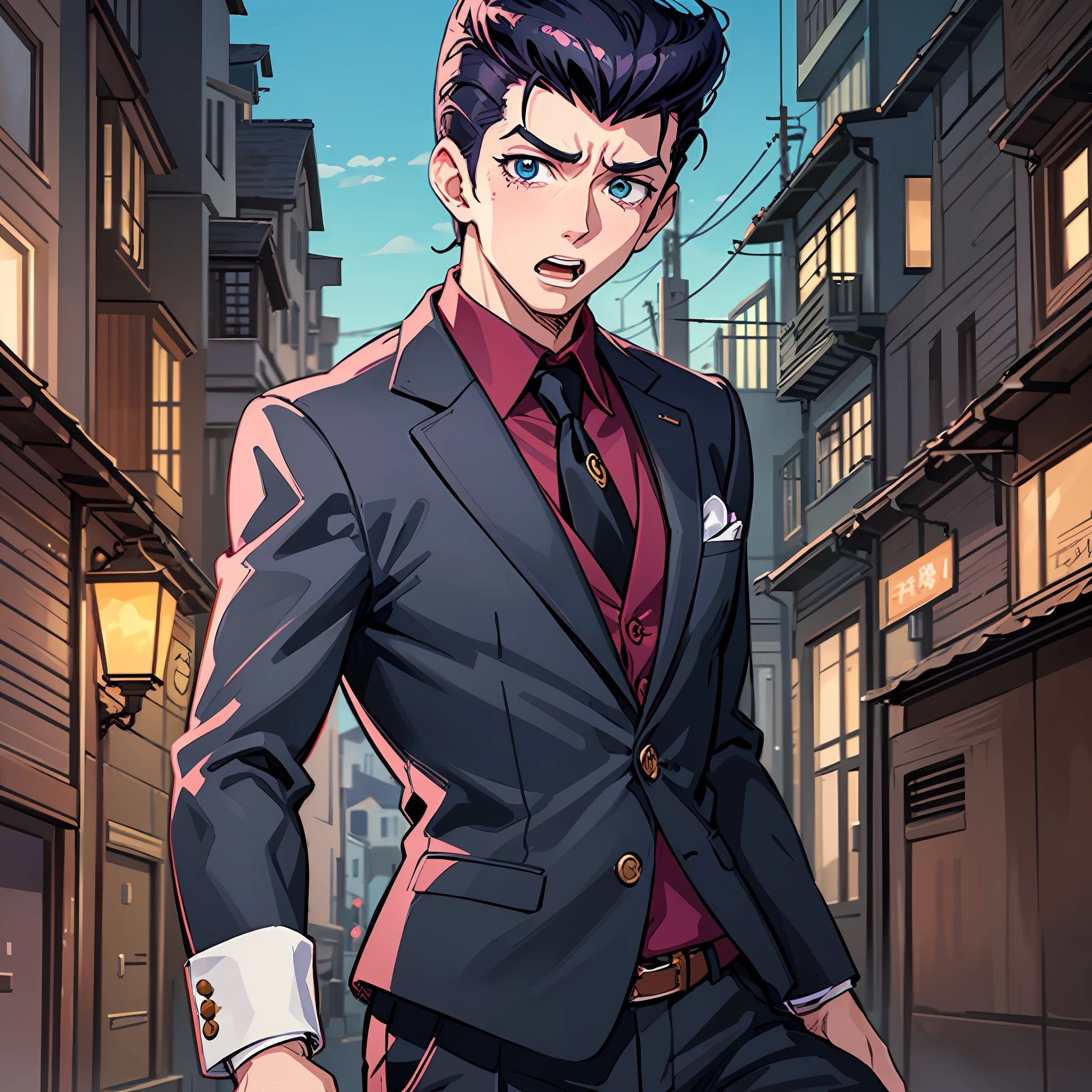 A man in a suit, Inspired by Dongfang Josuke,In quaint streets,Scared,(Fearful:1.5),Panicked,Frightened,Detailed digital anime art,Digital anime art,High quality anime art style,scared, tearing up, turn pale, flustered, panicking, crazy