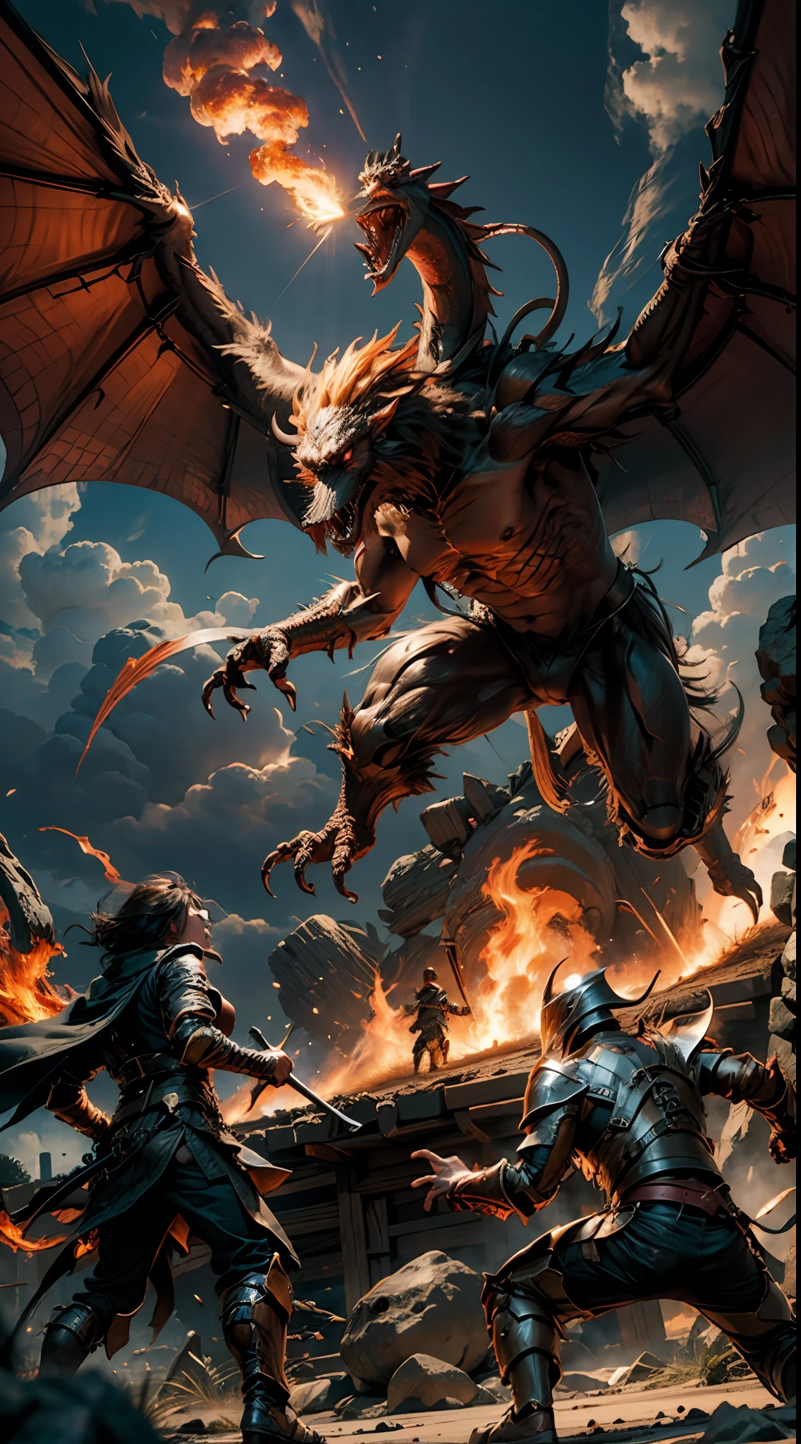fantasy,Oversized humanoid monster battles. ,breathingfire,Discharge of,The ground shook,best qualtiy,tmasterpiece,Works of masters,super-fine,16K resolution,Red,Detailed pubic hair,Accurate,