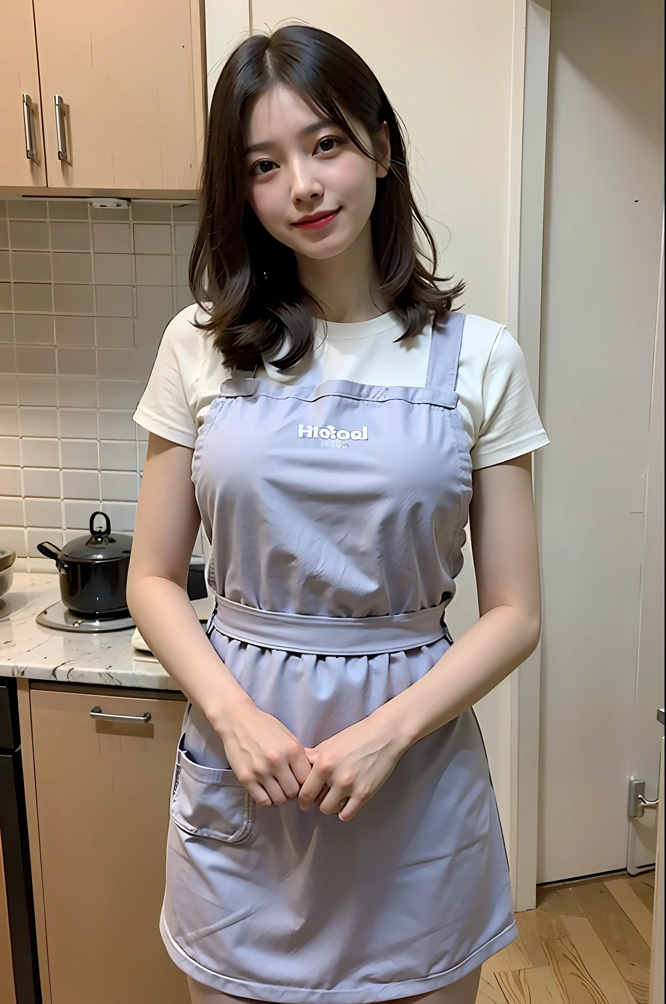 a woman is cooking、(kitchen_apron:1.Wear 3)、good hand、4K、hight resolution、​masterpiece、top-quality、cap:1.3、((Hasselblad photo))、Fine skin、foco nítido、(lighting like a movie)、Soft lighting、dynamic ungle、[:(详细的脸:1.2):0.2]、medium chest、sweats streamed skin:1.2、(((In the kitchen))) a smile　Viewer's Perspective　huge tit