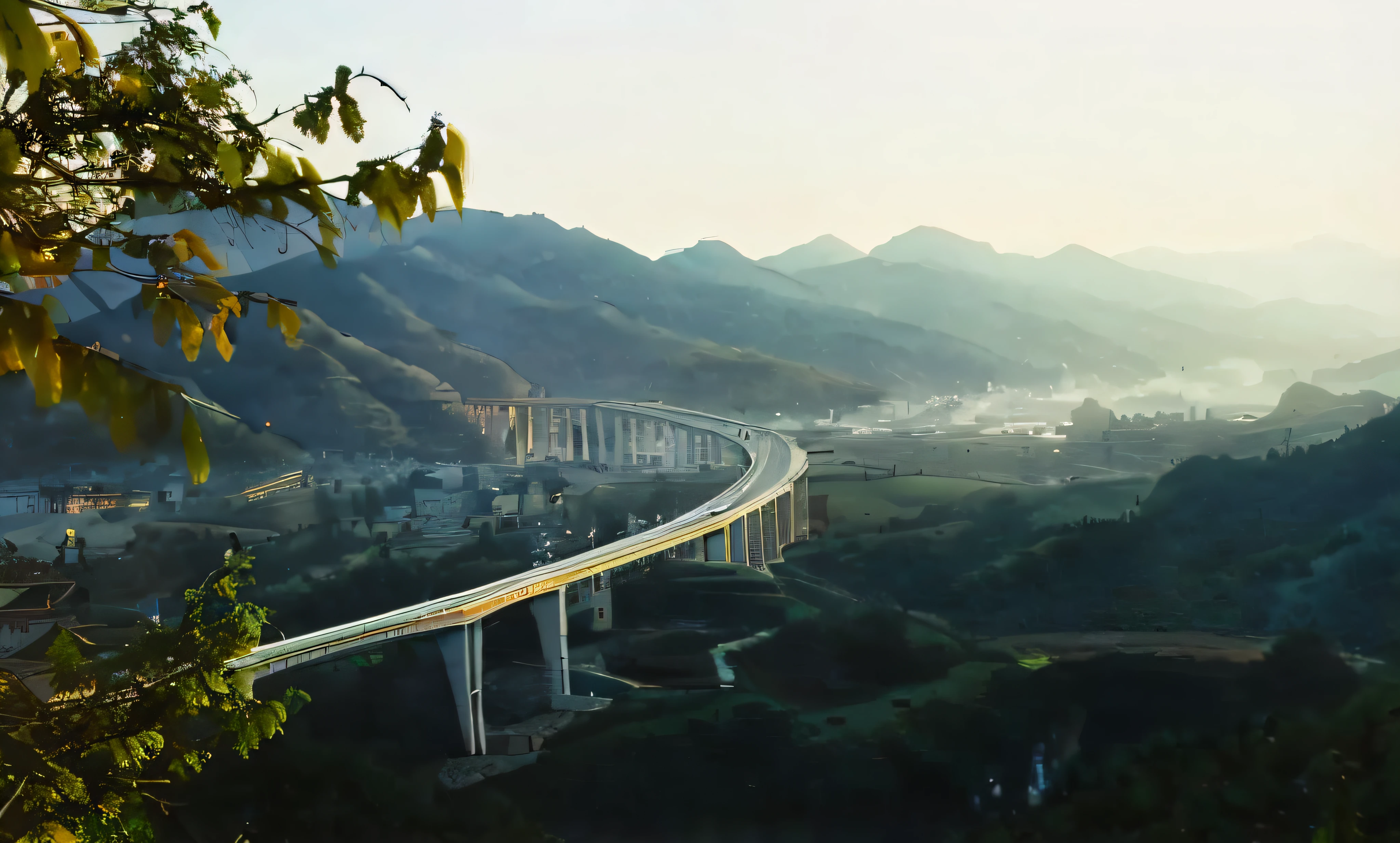 Arafeld Bridge over the valley，The background is a mountain, Curved bridge, Takahashi，city on top, guangjian, soaring towers and bridges, sky bridges, bridge, lots of bridges, overpass, infrastructure, author：Chass is silent, sky bridges, Xianxia, 8k --height 768, ruanjia, high high quality