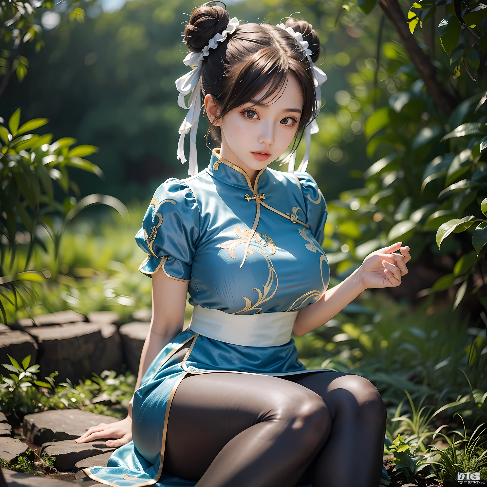 1girl, sf2 chun, 25 years old girl, brown hair, wide hips, medium breasts, muscular female, perfect brown eyes with white sclera, chinese clothing, blue dress, double bun, pelvic curtain, pantyhose, bun cover, puffy short sleeves, sash, white footwear, (blue dress:1.2), (ultra detailed), (8k, intricate), (85mm), light particles, lighting, full body, in a chinesse garden, (highly detailed:1.2), breast focus, (detailed face:0,8), (gradients), sfw, colorful, (detailed eyes:1.5), (detailed background), (rule of third_composition:1.3), (Line of action:1.2), daylight, solo.