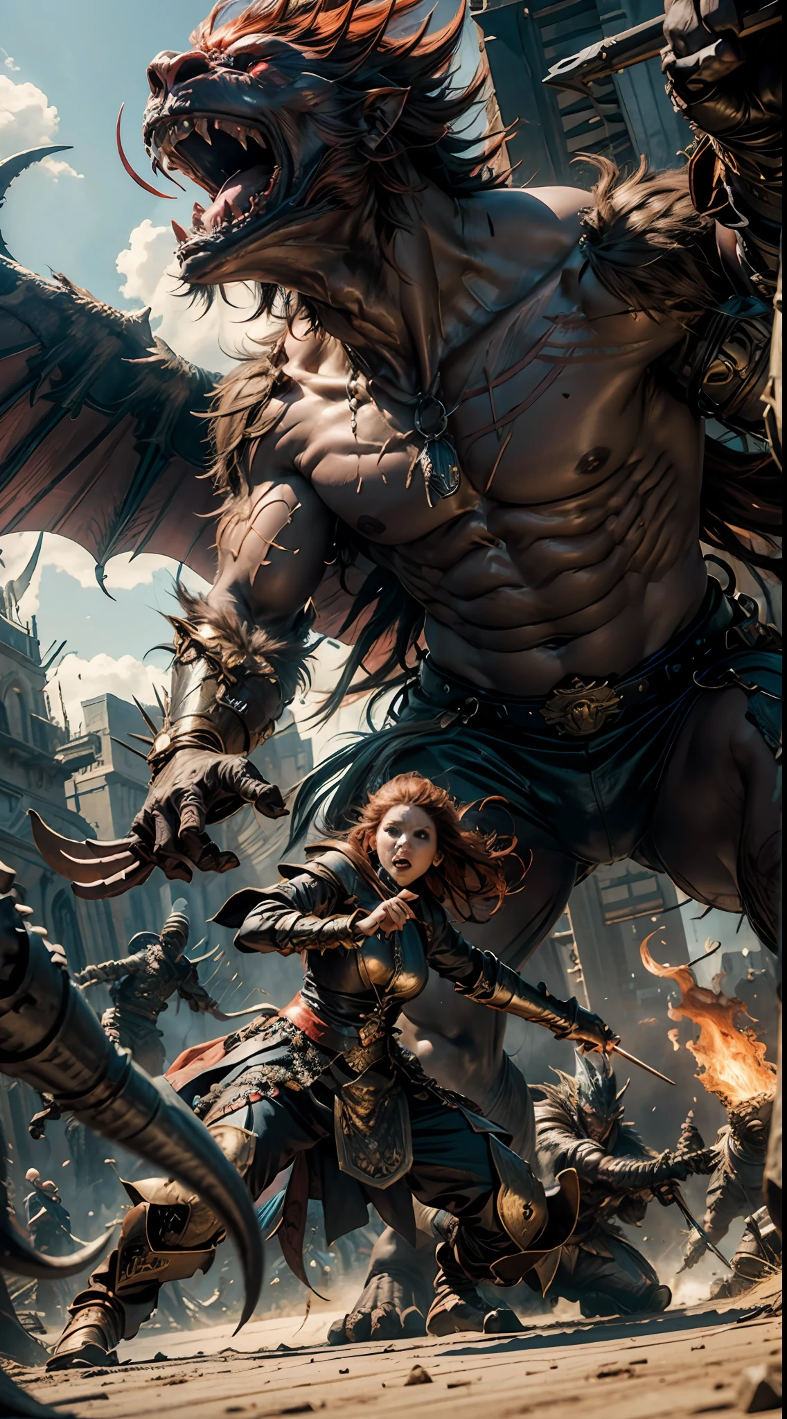 fantasy,Oversized humanoid monster battles. ,breathingfire,Discharge of,The ground shook,best qualtiy,tmasterpiece,Works of masters,super-fine,16K resolution,Red,Detailed pubic hair,Accurate,