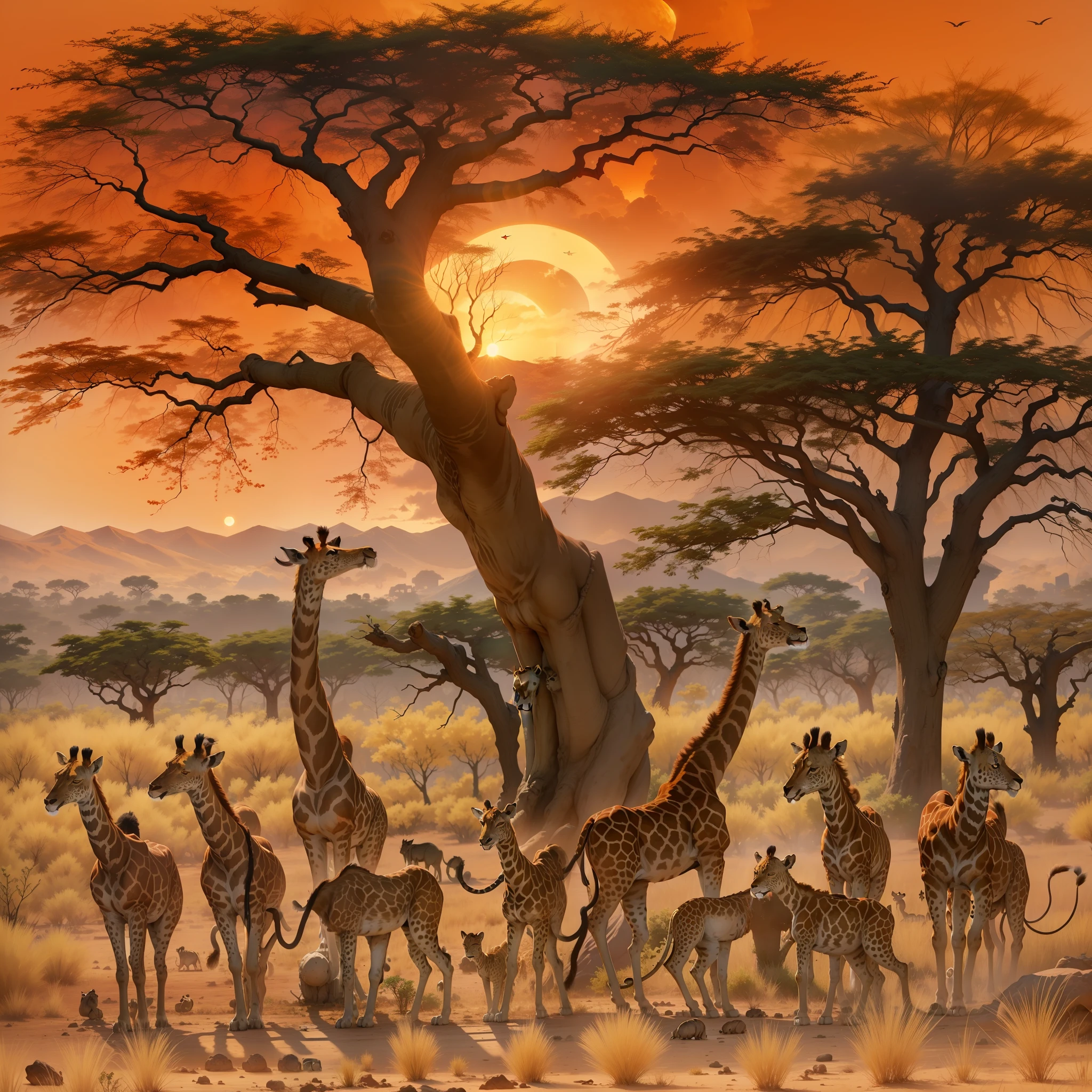 A pride of lions, including cubs, feasting on a fresh kill under a baobab tree, the blood red sun sinking below the horizon behind the silhouettes of giraffes and acacia trees.