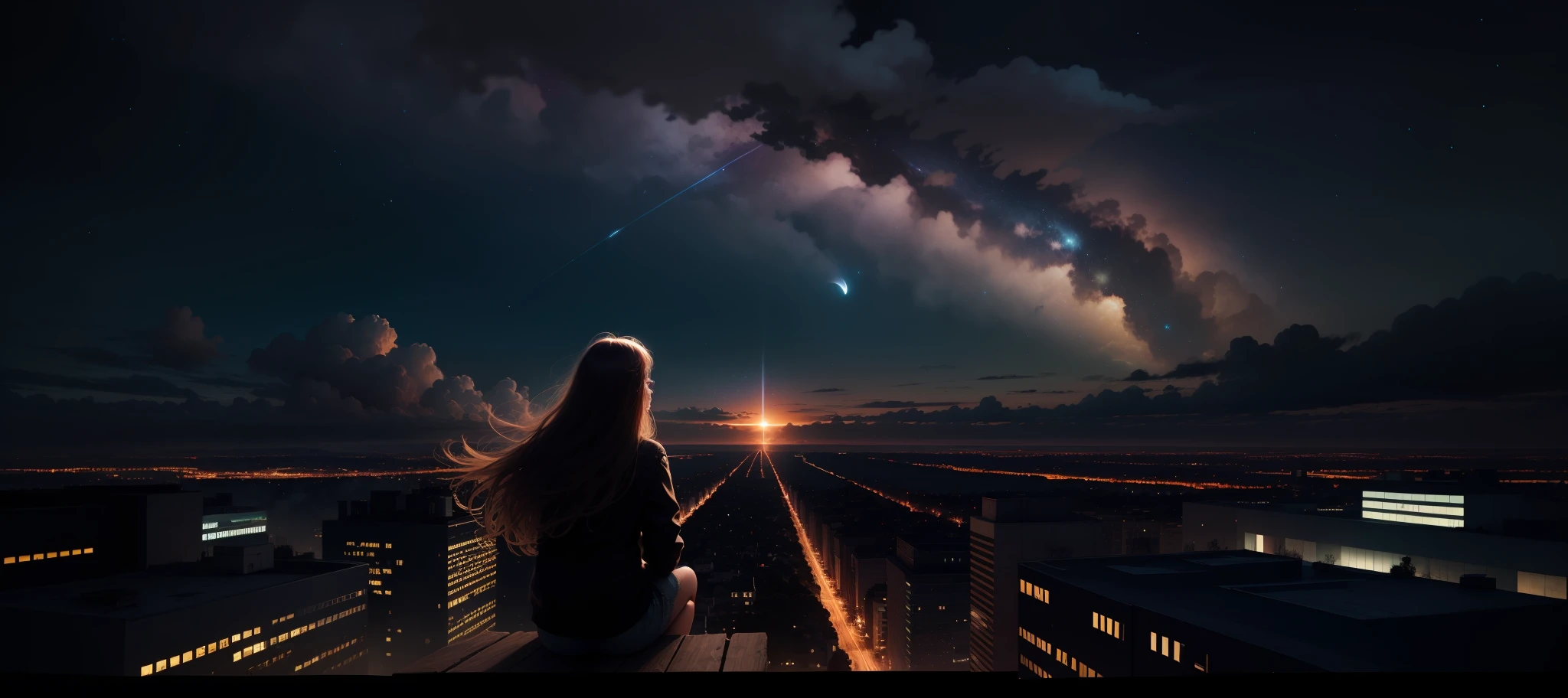 octans, sky, stars (sky), landscape, starry sky, night, 1girl, night sky, solo, outdoor, signature, architecture, clouds, milky way, sitting, tree, long hair, city, silhouette, cityscape