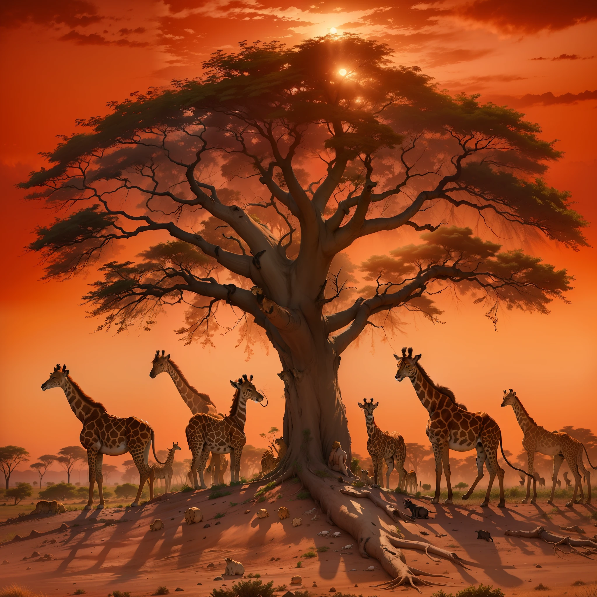A pride of lions, including cubs, feasting on a fresh kill under a baobab tree, the blood red sun sinking below the horizon behind the silhouettes of giraffes and acacia trees.