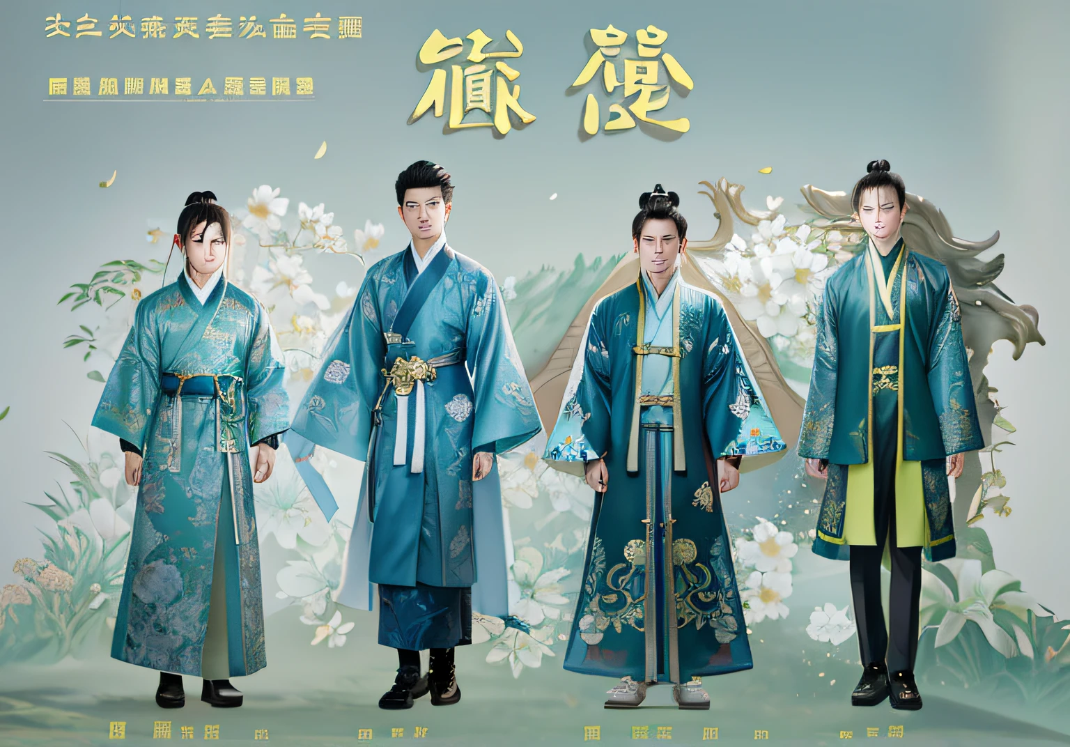 There are four different photos，A man in a blue robe, inspired by Luo Mu, inspired by Zhang Sengyao, inspired by Huang Gongwang, inspired by Dong Yuan, Inspired by Zhang Han, Inspired by Xiao Yuncong, with acient chinese clothes, inspired by Chang Dai-chien, inspired by Gang Hui-an, inspired by Ma Yuanyu