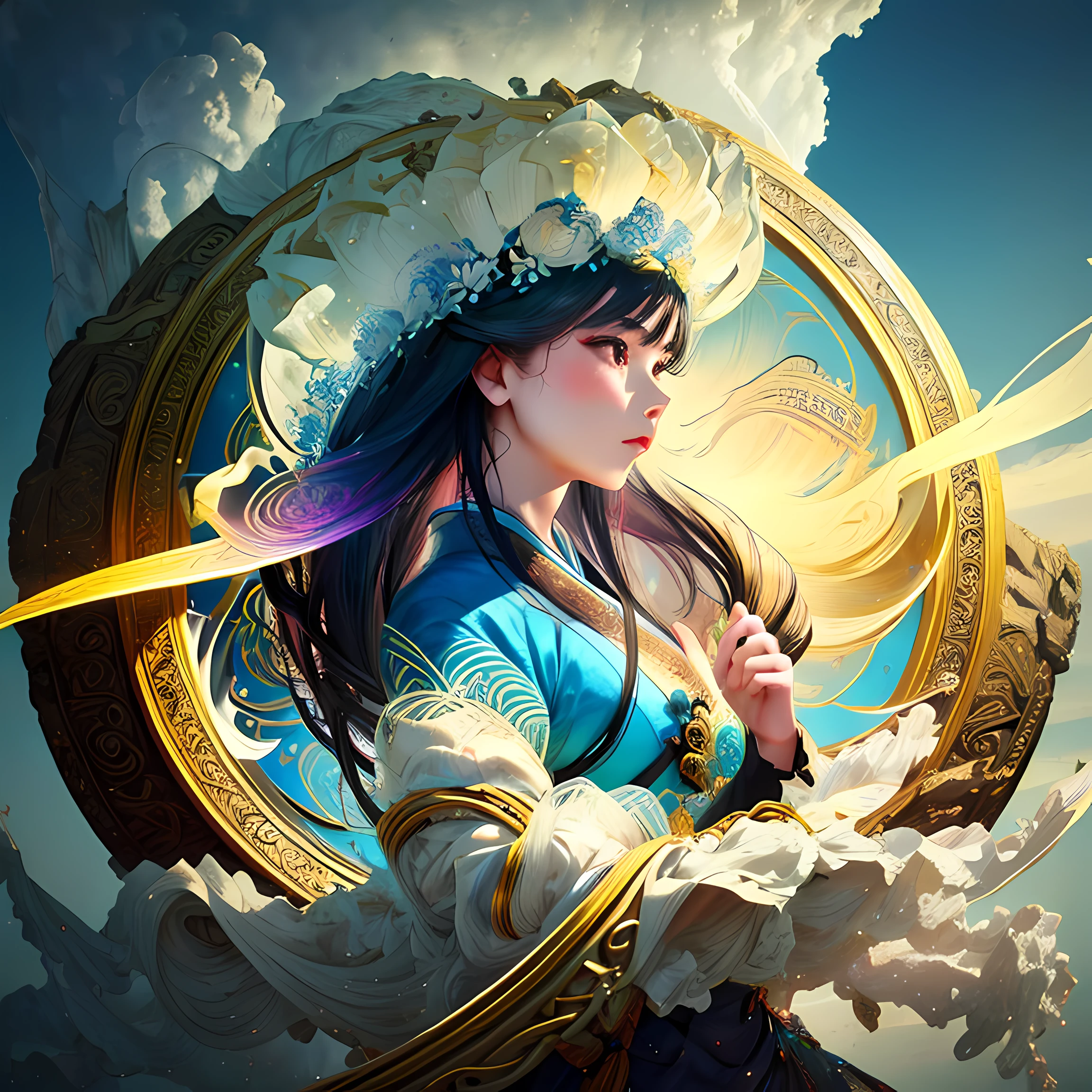 zhongfenghua, 1girl, (full body) solo, hanfu, flower field, blossom, (white smokes:1.3) (photorealistic:1.4), zentangle, mandala, entangle, official art, unity 8k wallpaper, ultra detailed, beautiful and aesthetic, masterpiece,best quality, (dynamic angle:1.4), glowing skin, (floating colorful sparkles:1) the most beautiful form of chaos, elegant, a brutalist designed, vivid colours, romanticism depth of field,