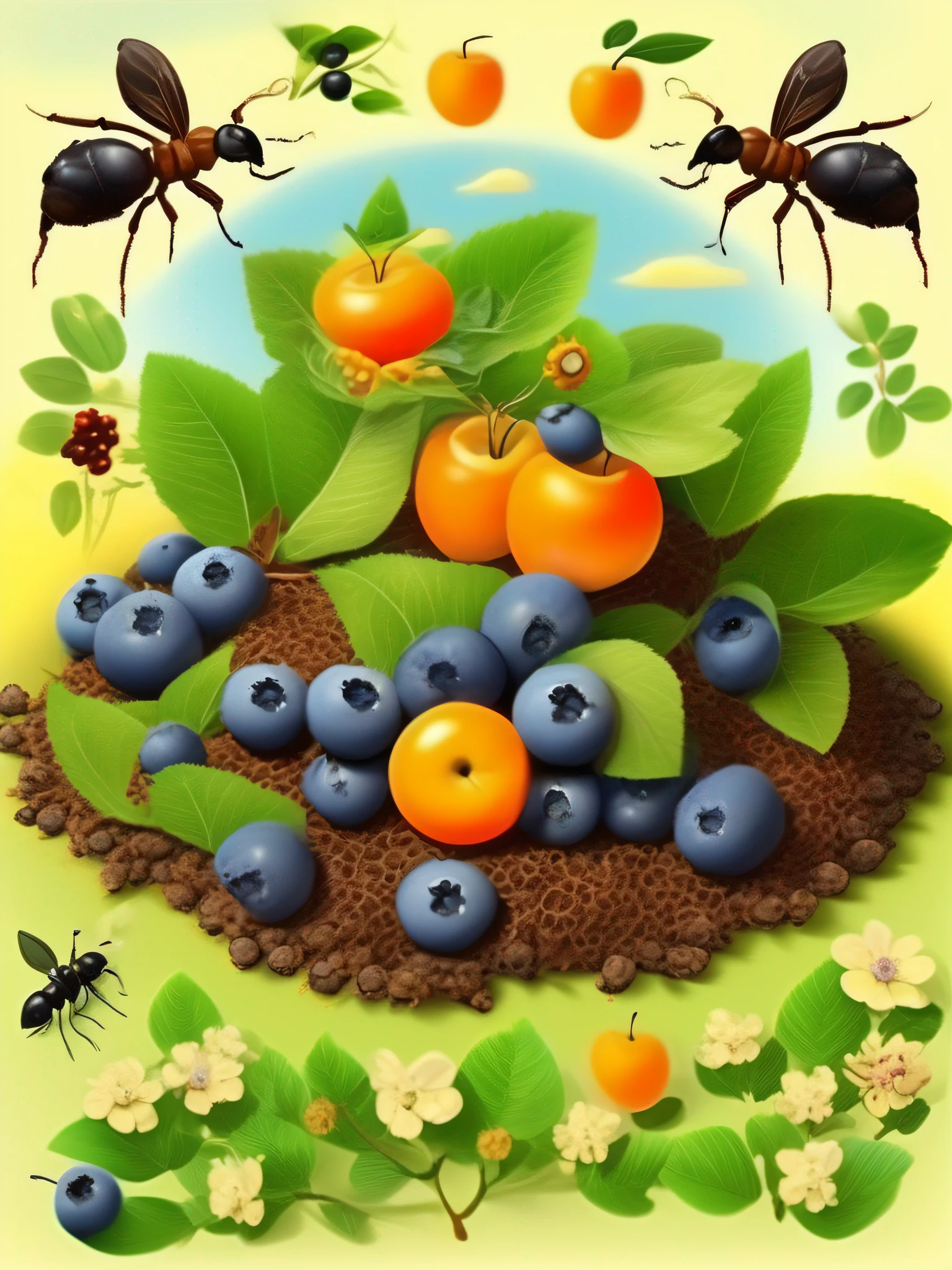 Blueberry anthill,Green leaves above,Black ants,berries,The orange,Apple slices,Flowers around anthills,and the sun was shining brightly,blue-sky,There are few clouds